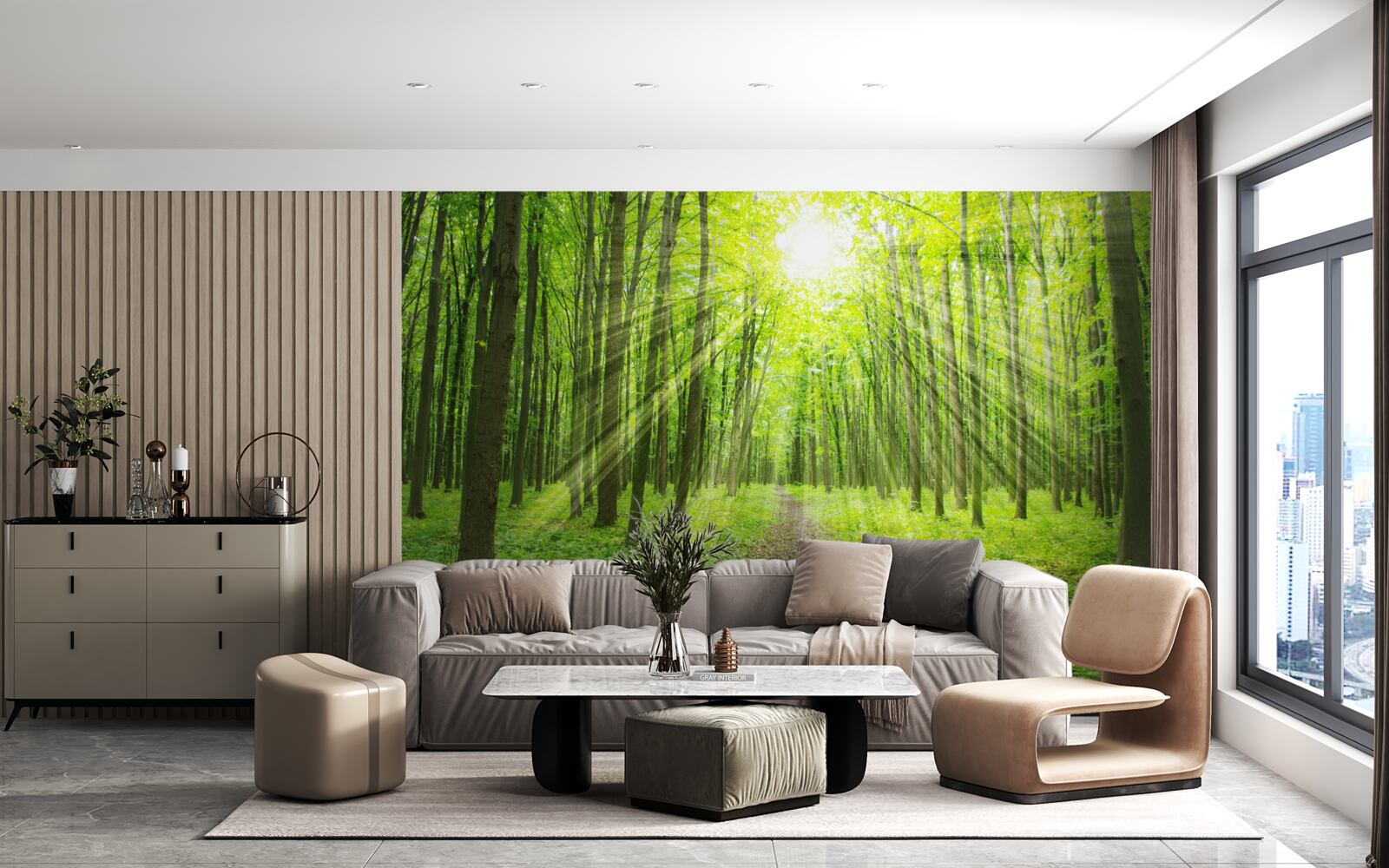 Fotobehang De zonnestralen in het weelderige groene bos verlichten helder alles rondom