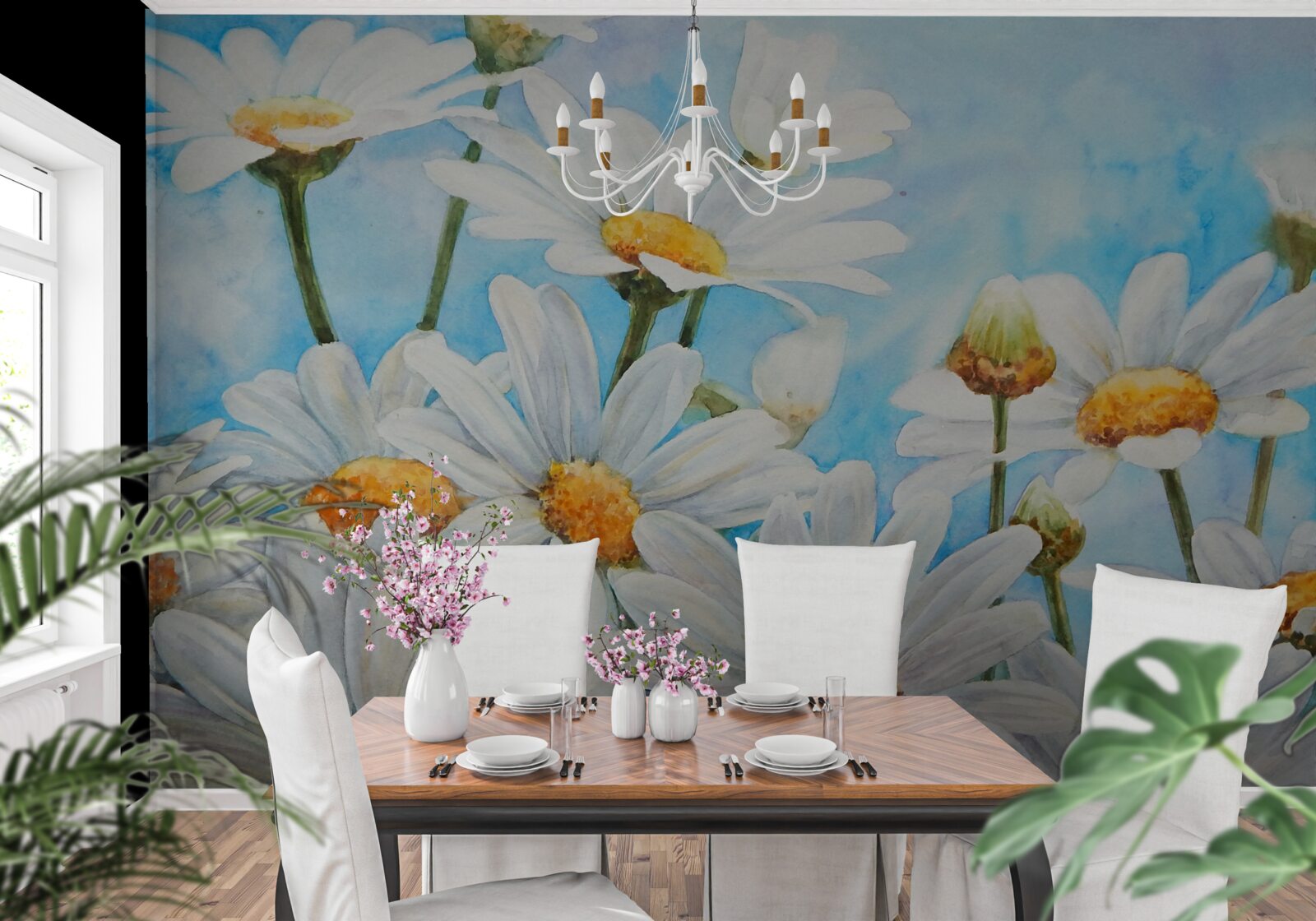 Fotobehang tegen de lucht ligt een veld bezaaid met witte zomermadeliefjes