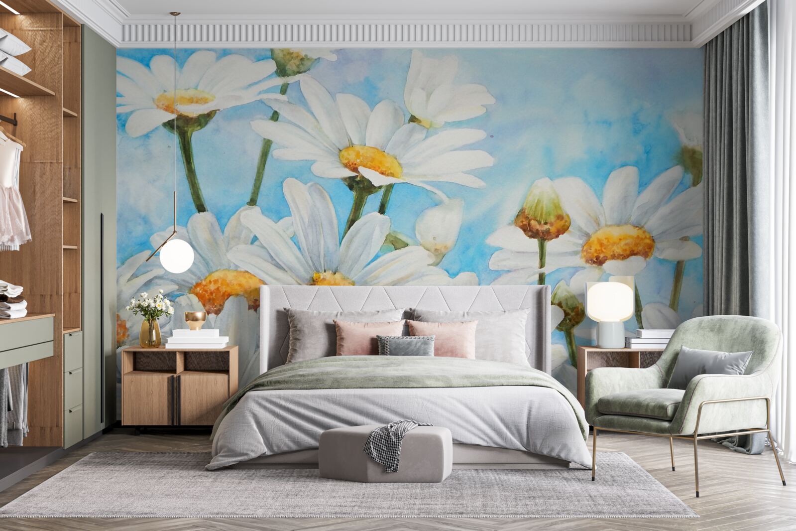 Fotobehang tegen de lucht ligt een veld bezaaid met witte zomermadeliefjes