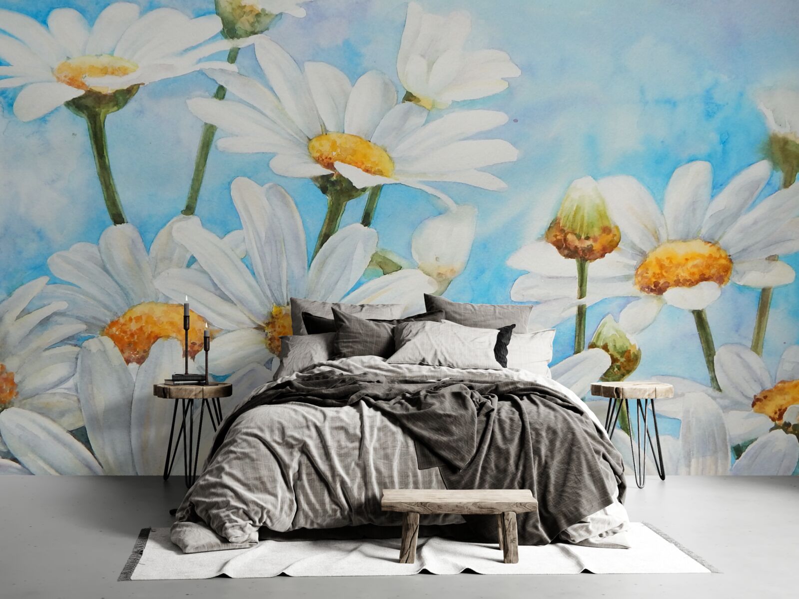 Fotobehang tegen de lucht ligt een veld bezaaid met witte zomermadeliefjes