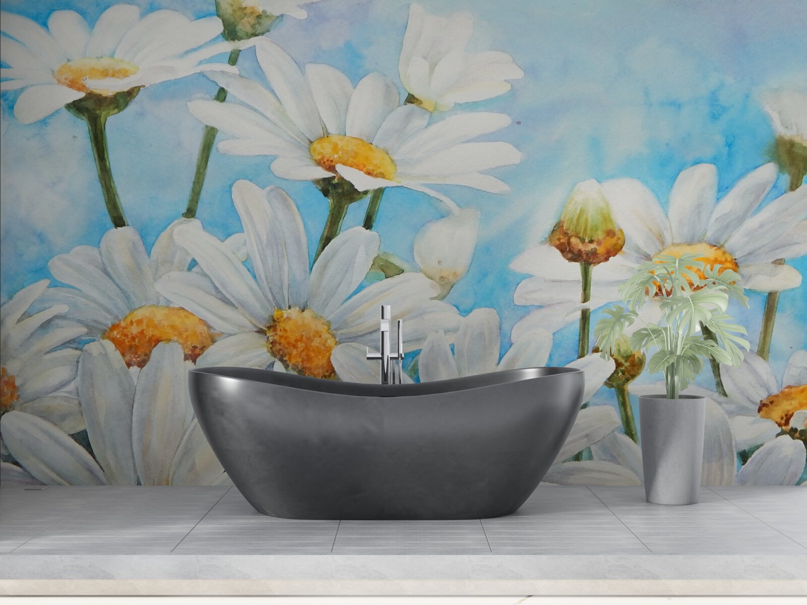 Fotobehang tegen de lucht ligt een veld bezaaid met witte zomermadeliefjes