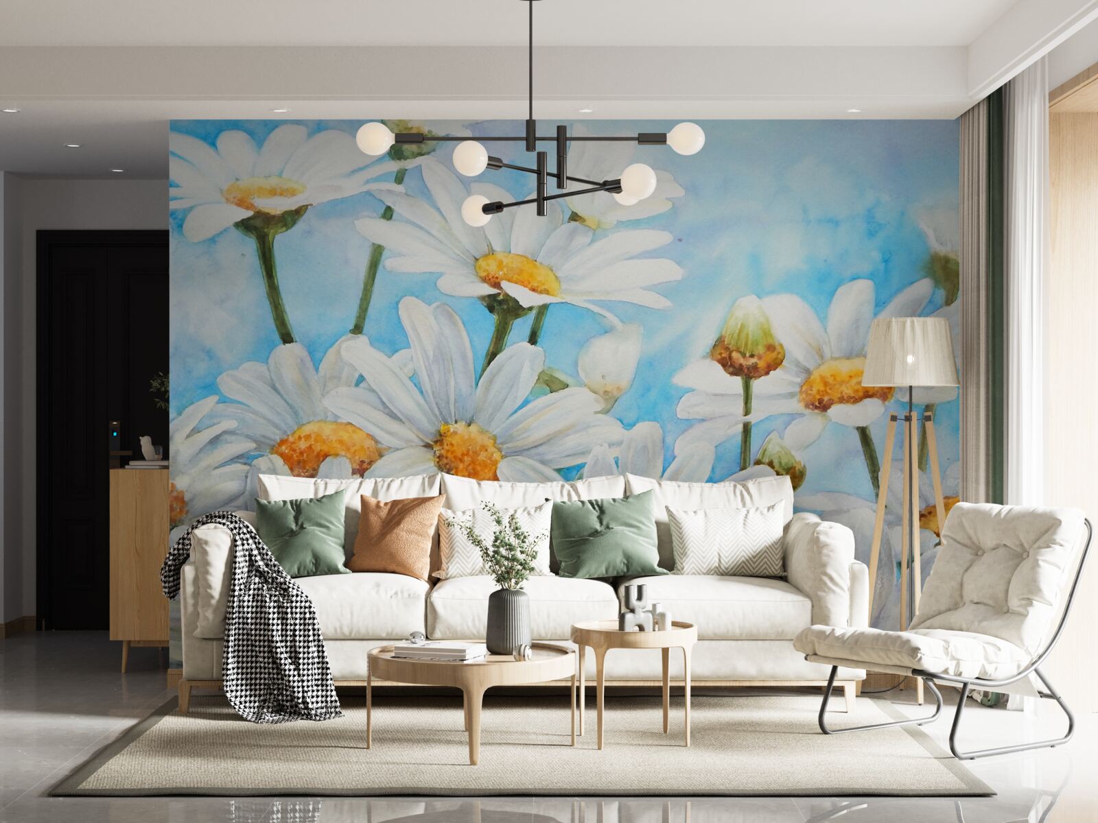 Fotobehang tegen de lucht ligt een veld bezaaid met witte zomermadeliefjes