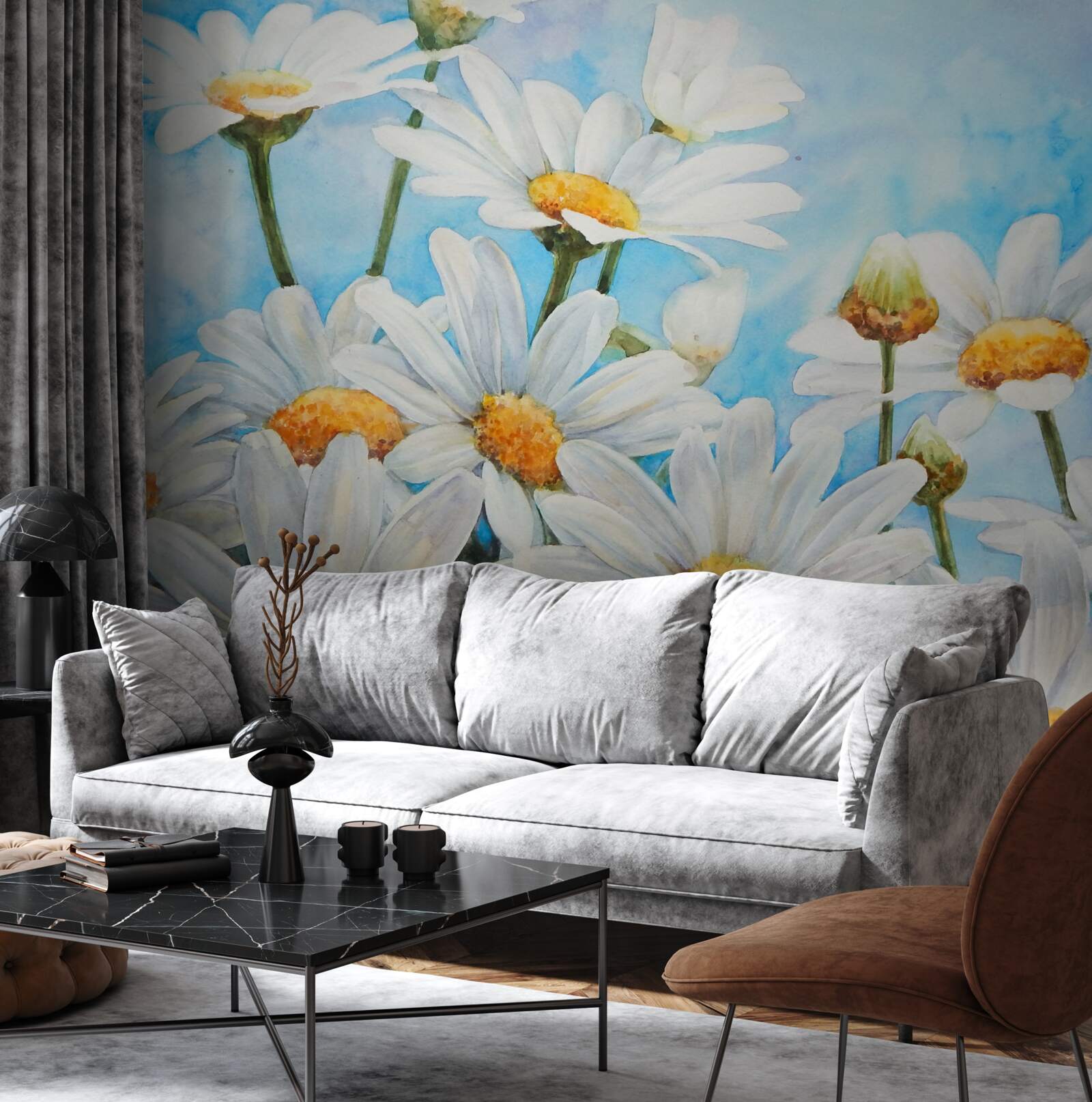 Fotobehang tegen de lucht ligt een veld bezaaid met witte zomermadeliefjes