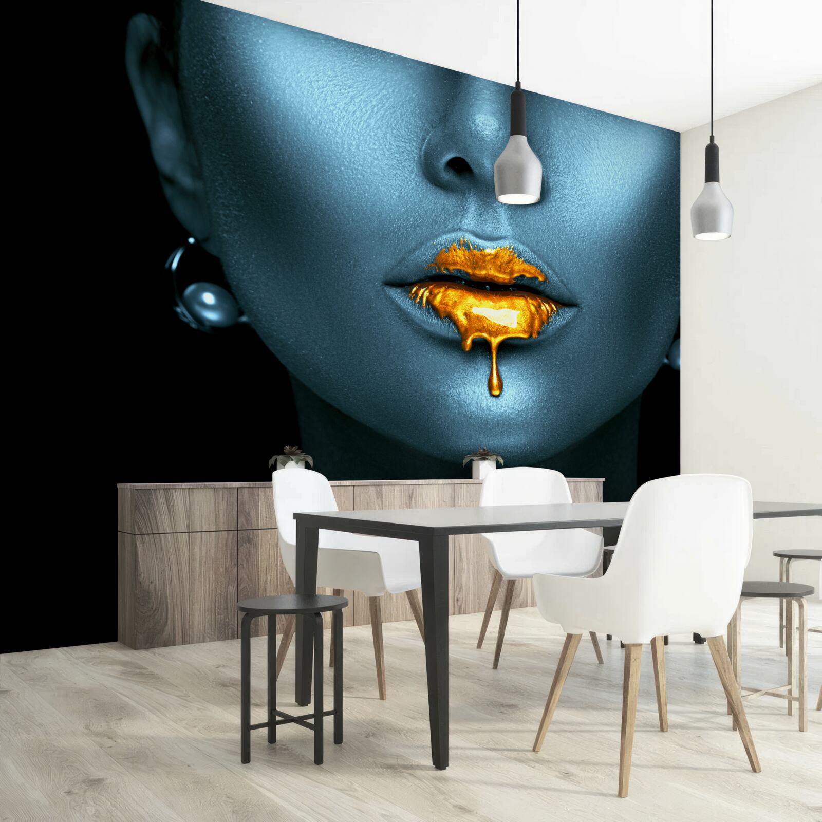 Fotobehang vrouw met lippen bedekt met goudkleurige verf