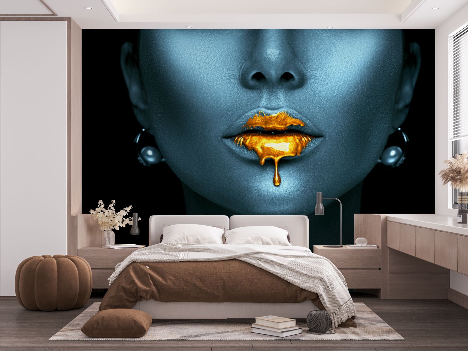 Fotobehang vrouw met lippen bedekt met goudkleurige verf