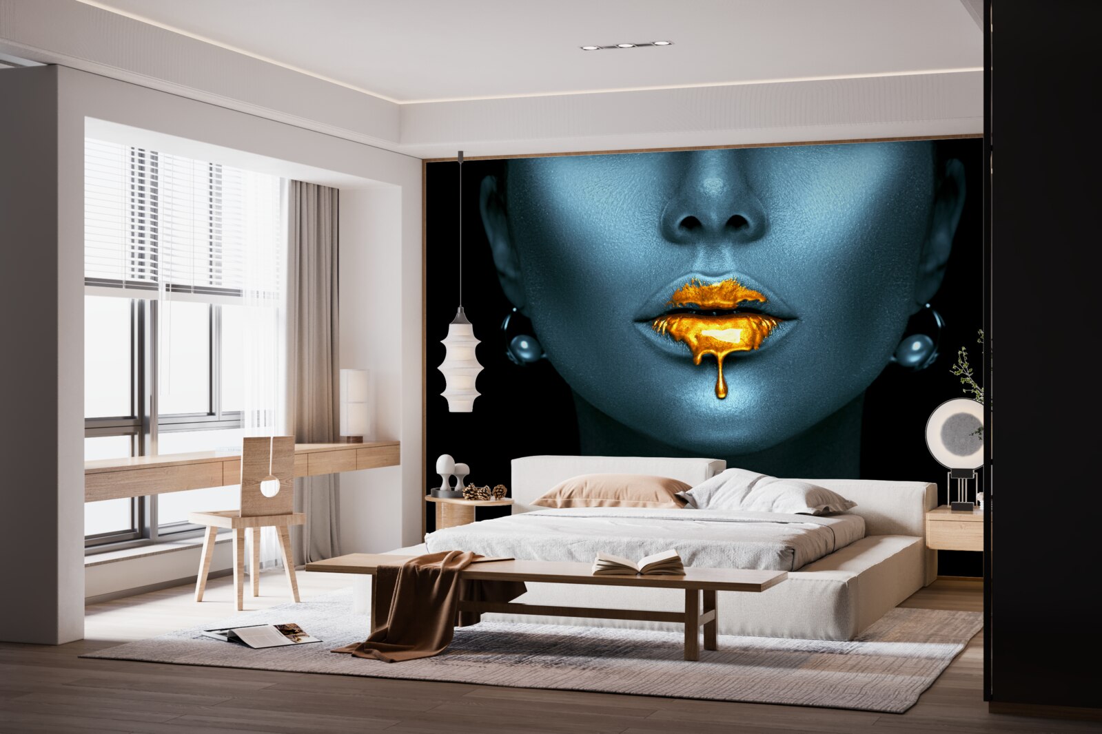 Fotobehang vrouw met lippen bedekt met goudkleurige verf