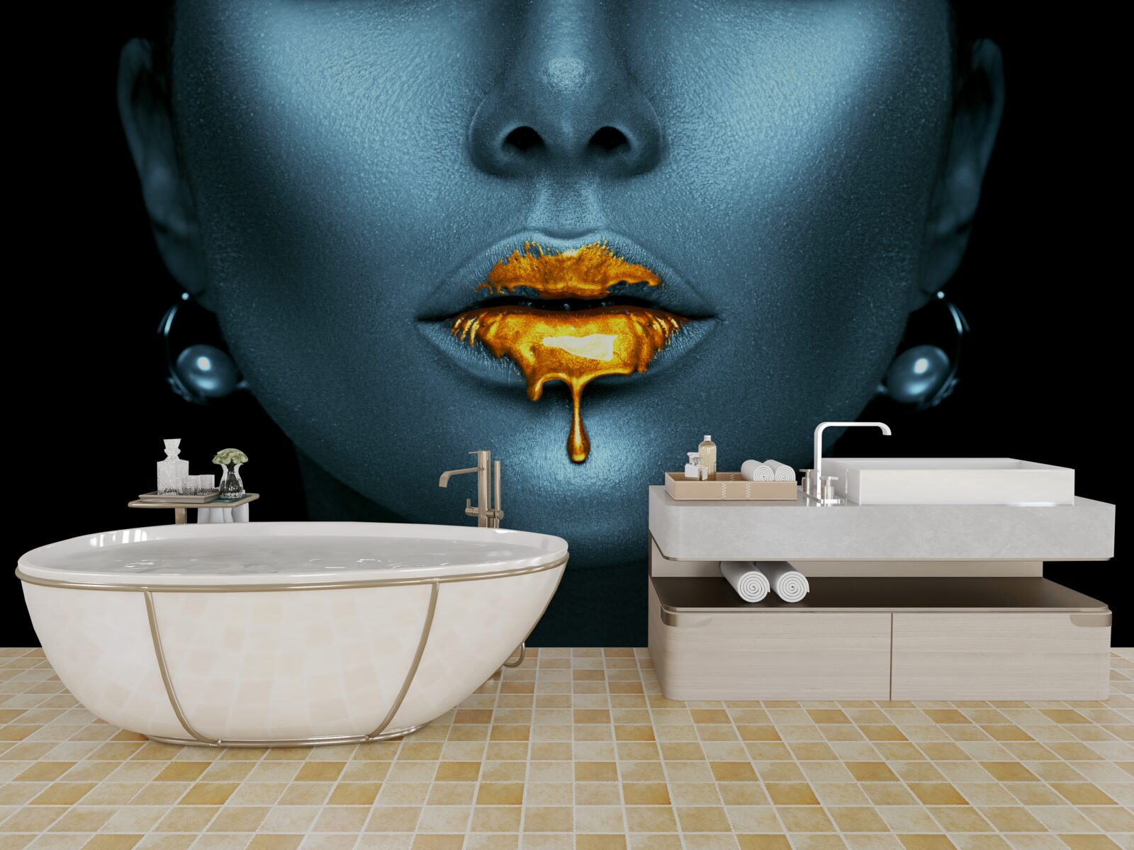 Fotobehang vrouw met lippen bedekt met goudkleurige verf