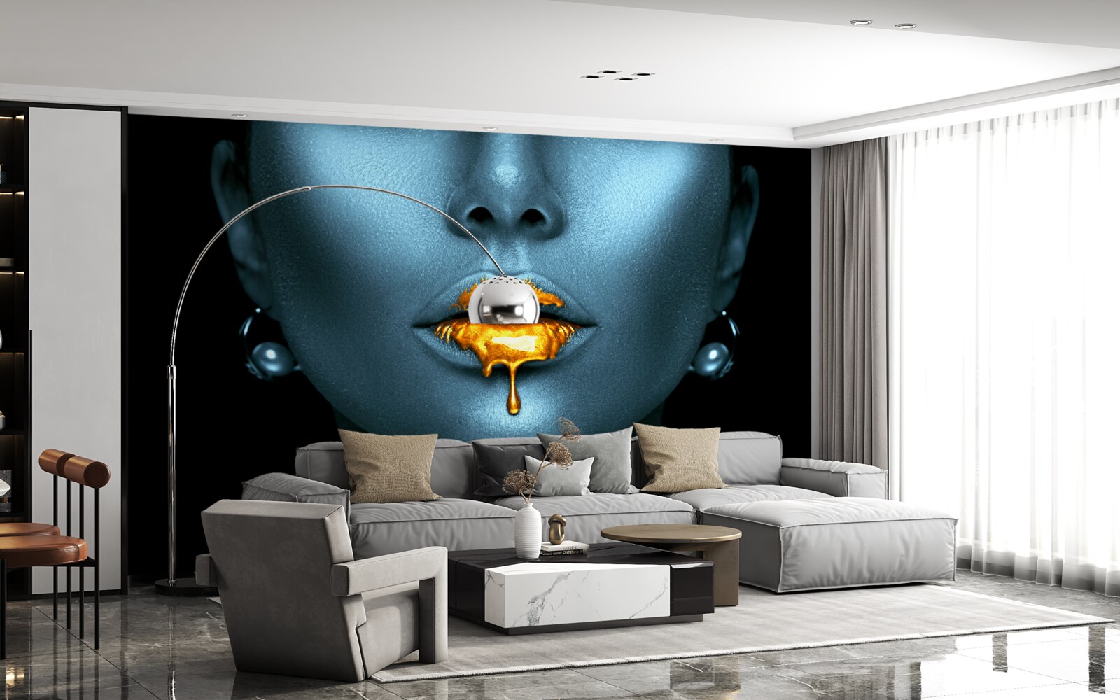 Fotobehang vrouw met lippen bedekt met goudkleurige verf