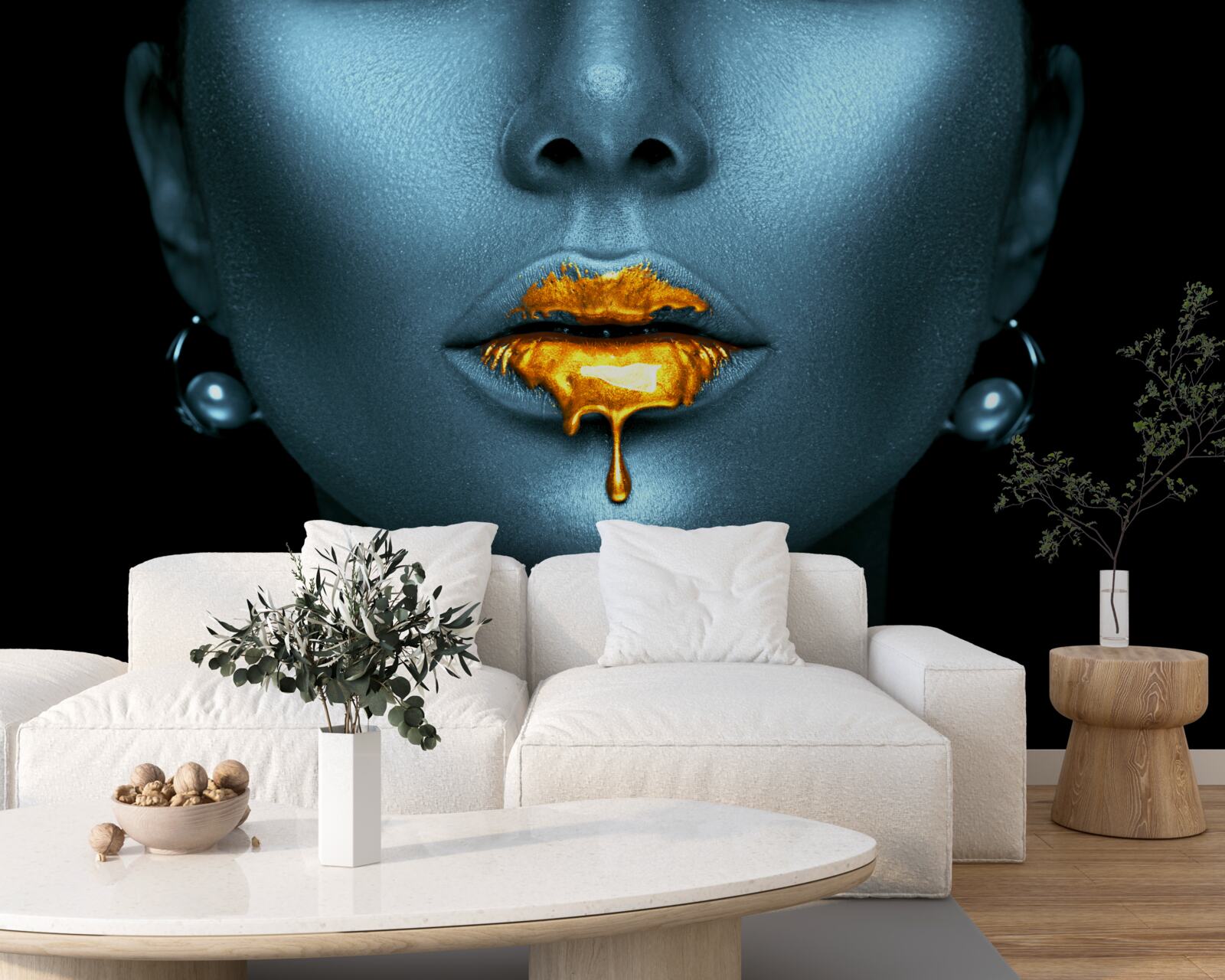 Fotobehang vrouw met lippen bedekt met goudkleurige verf