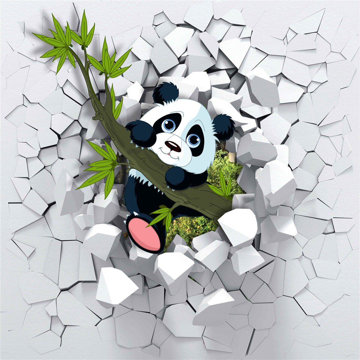 Fotobehang panda kijkt voorzichtig uit van vervallen bakstenen muur