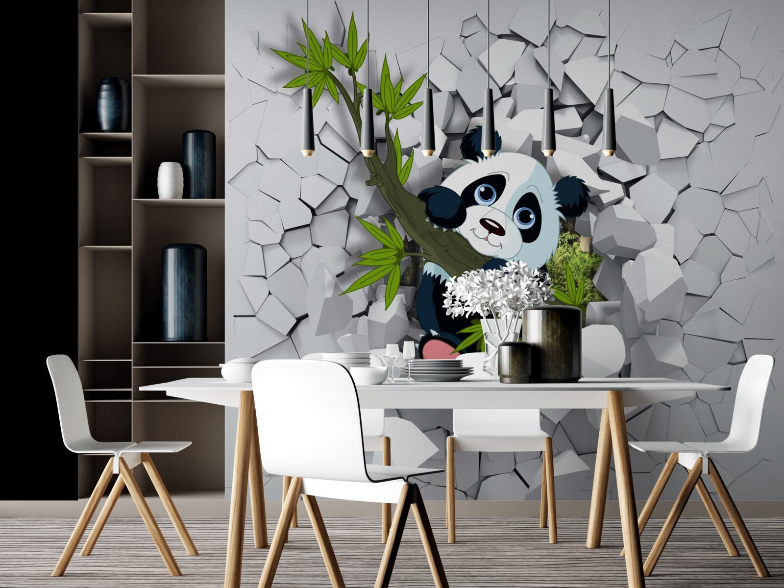 Fotobehang panda kijkt voorzichtig uit van vervallen bakstenen muur