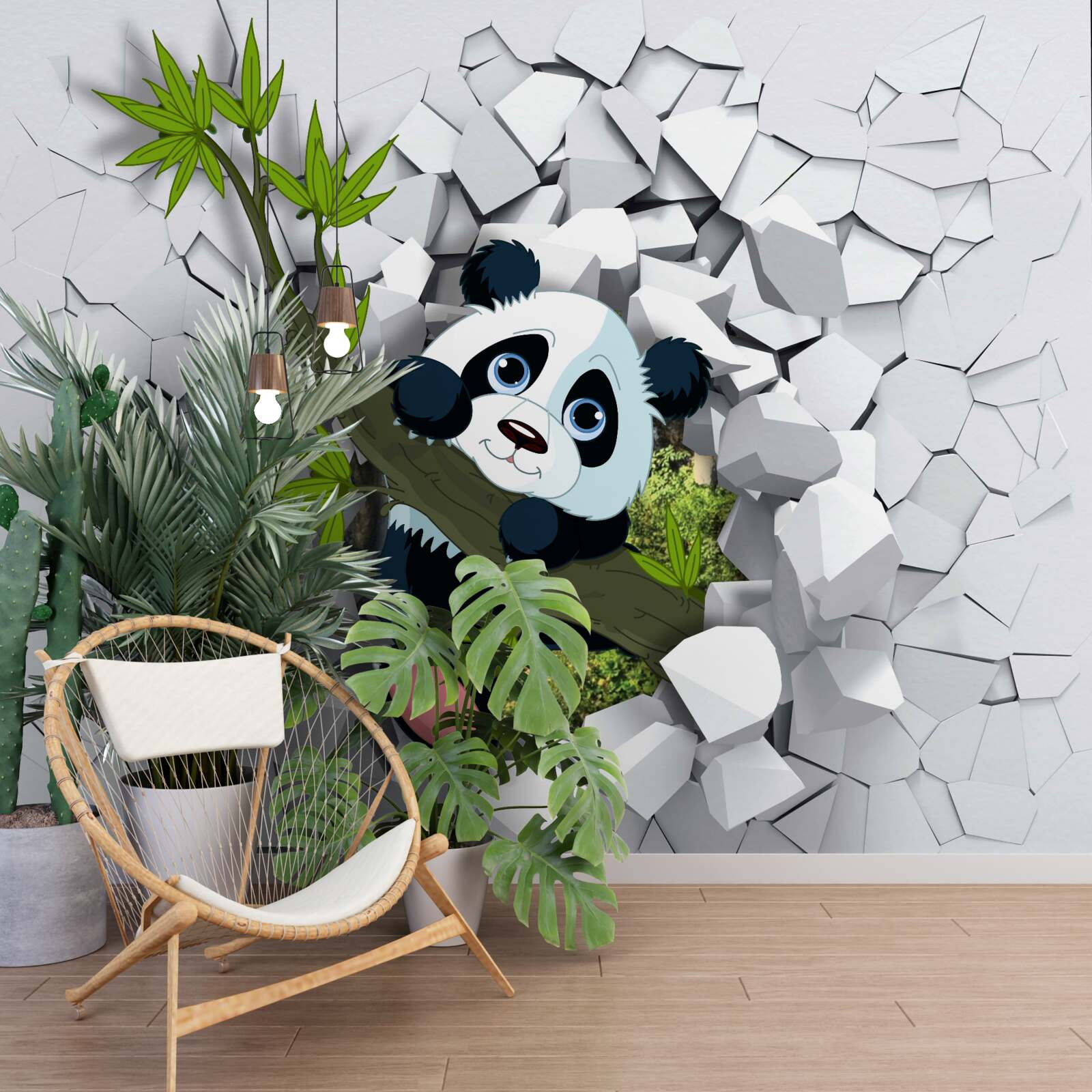 Fotobehang panda kijkt voorzichtig uit van vervallen bakstenen muur