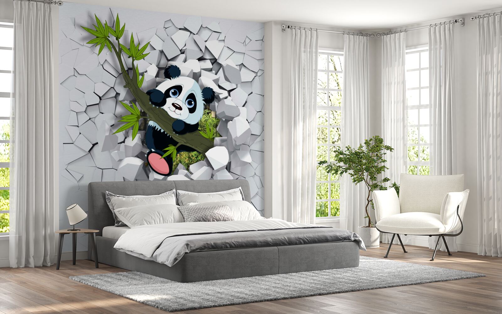Fotobehang panda kijkt voorzichtig uit van vervallen bakstenen muur