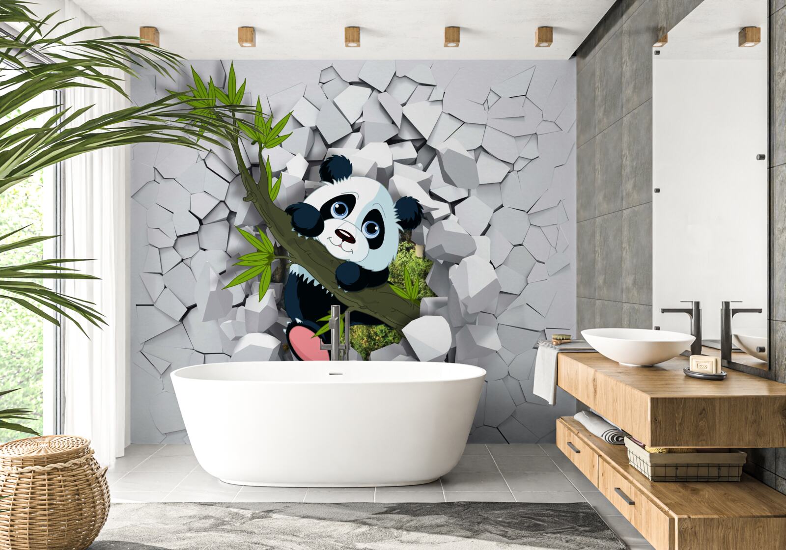 Fotobehang panda kijkt voorzichtig uit van vervallen bakstenen muur