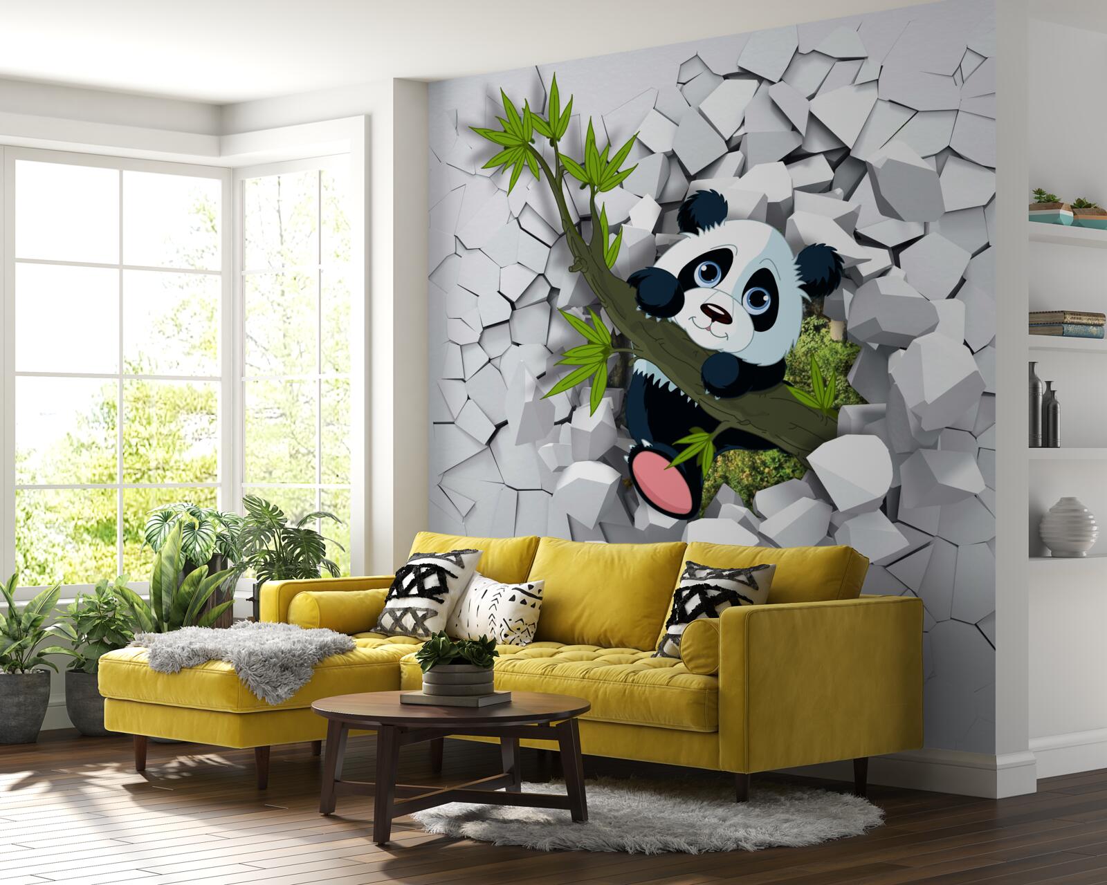 Fotobehang panda kijkt voorzichtig uit van vervallen bakstenen muur