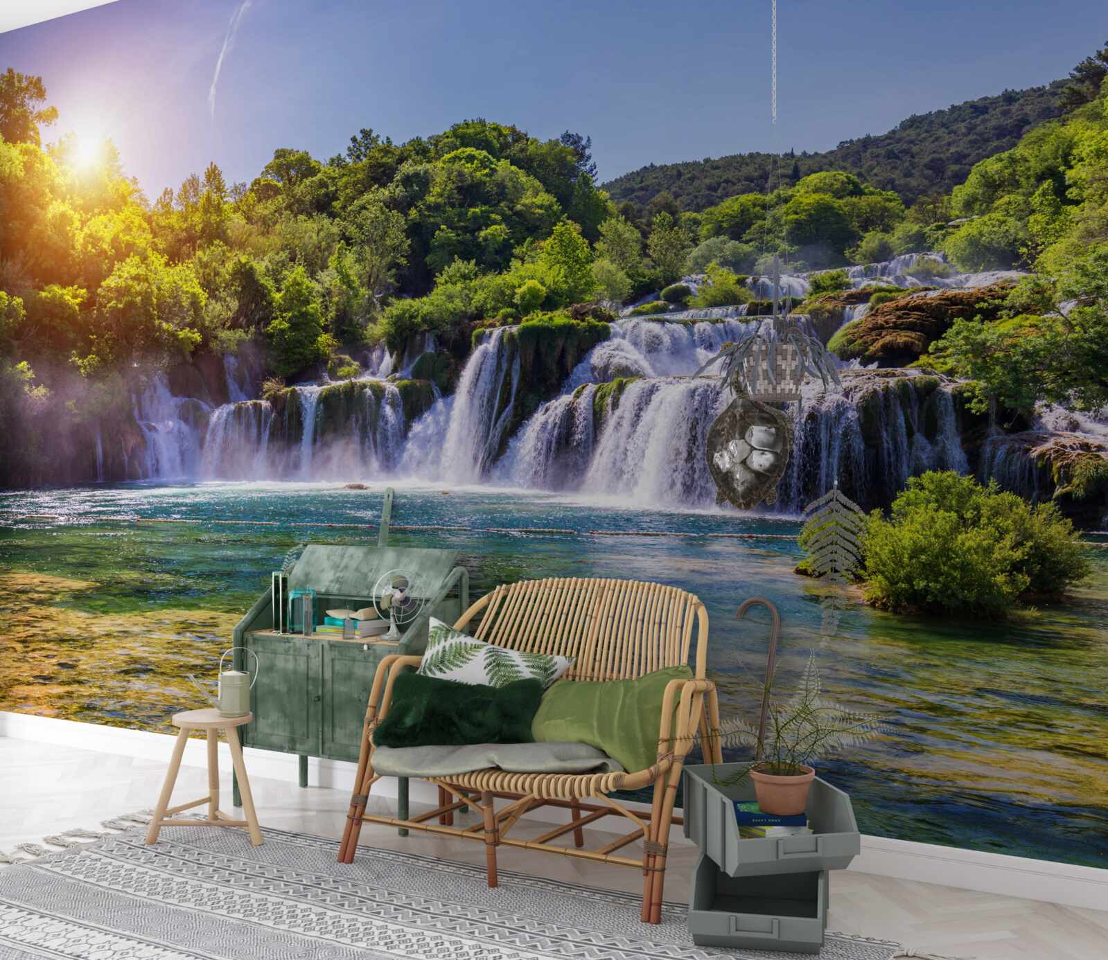 Fotobehang de waterval, die het water ruist onder de vallende schemering, maakt een luid geluid