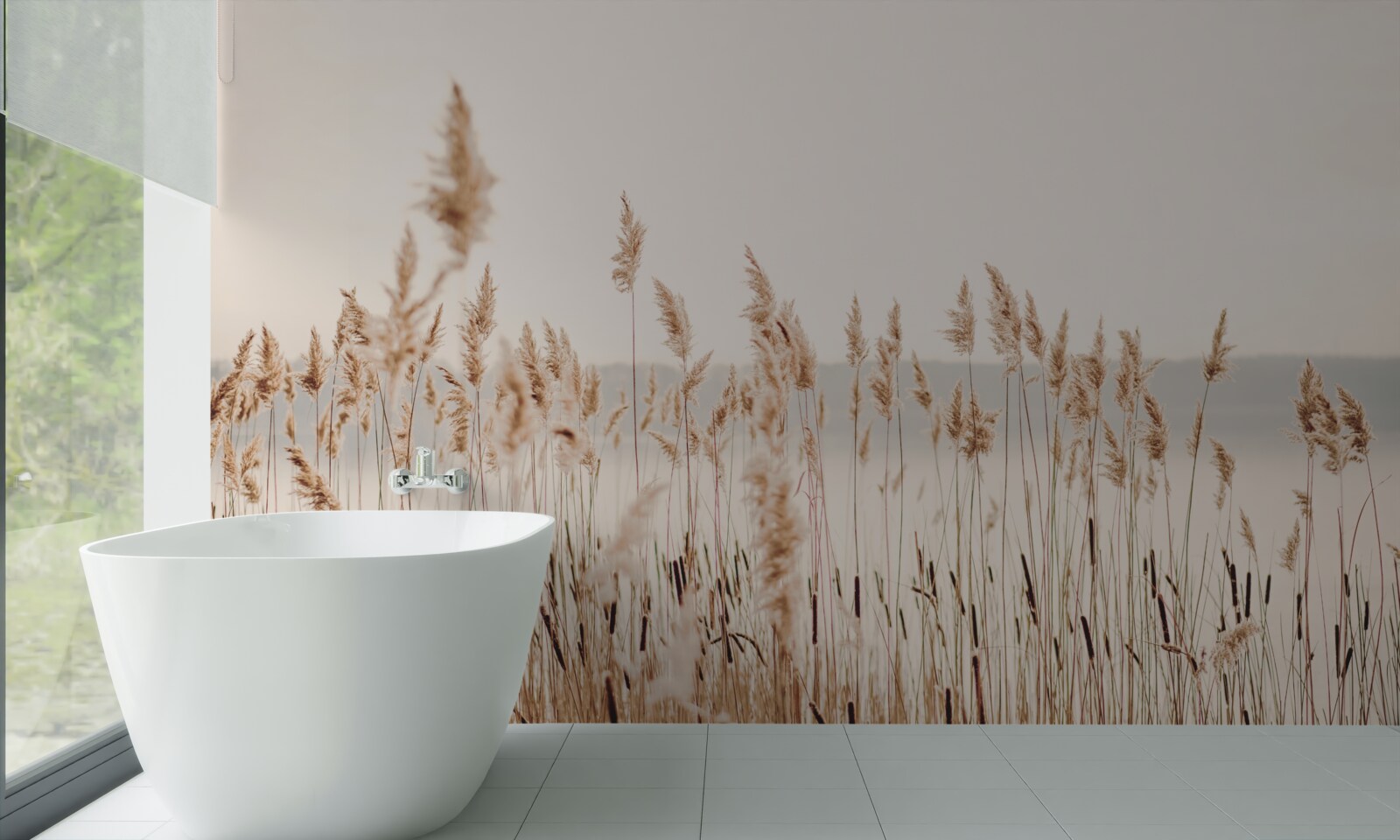 Fotobehang mistig riet in de herfst