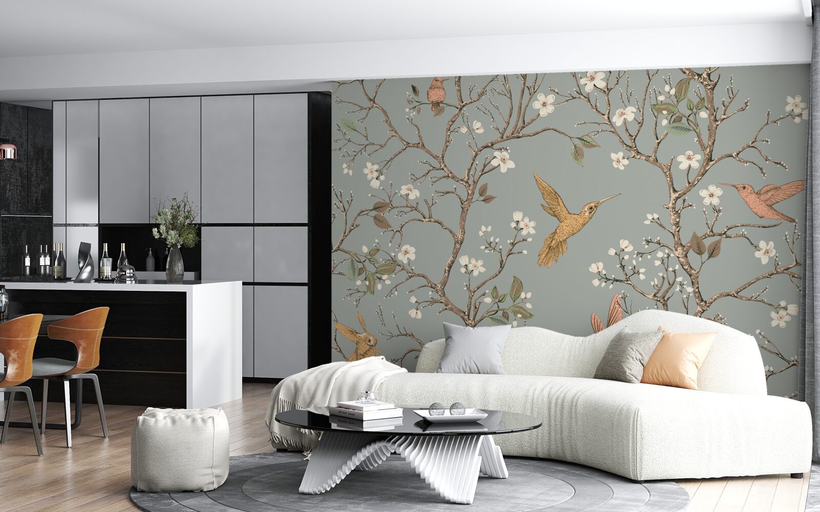 Fotobehang bloeiende boom en kolibrie