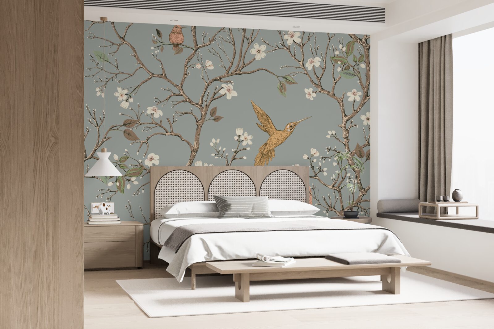 Fotobehang bloeiende boom en kolibrie