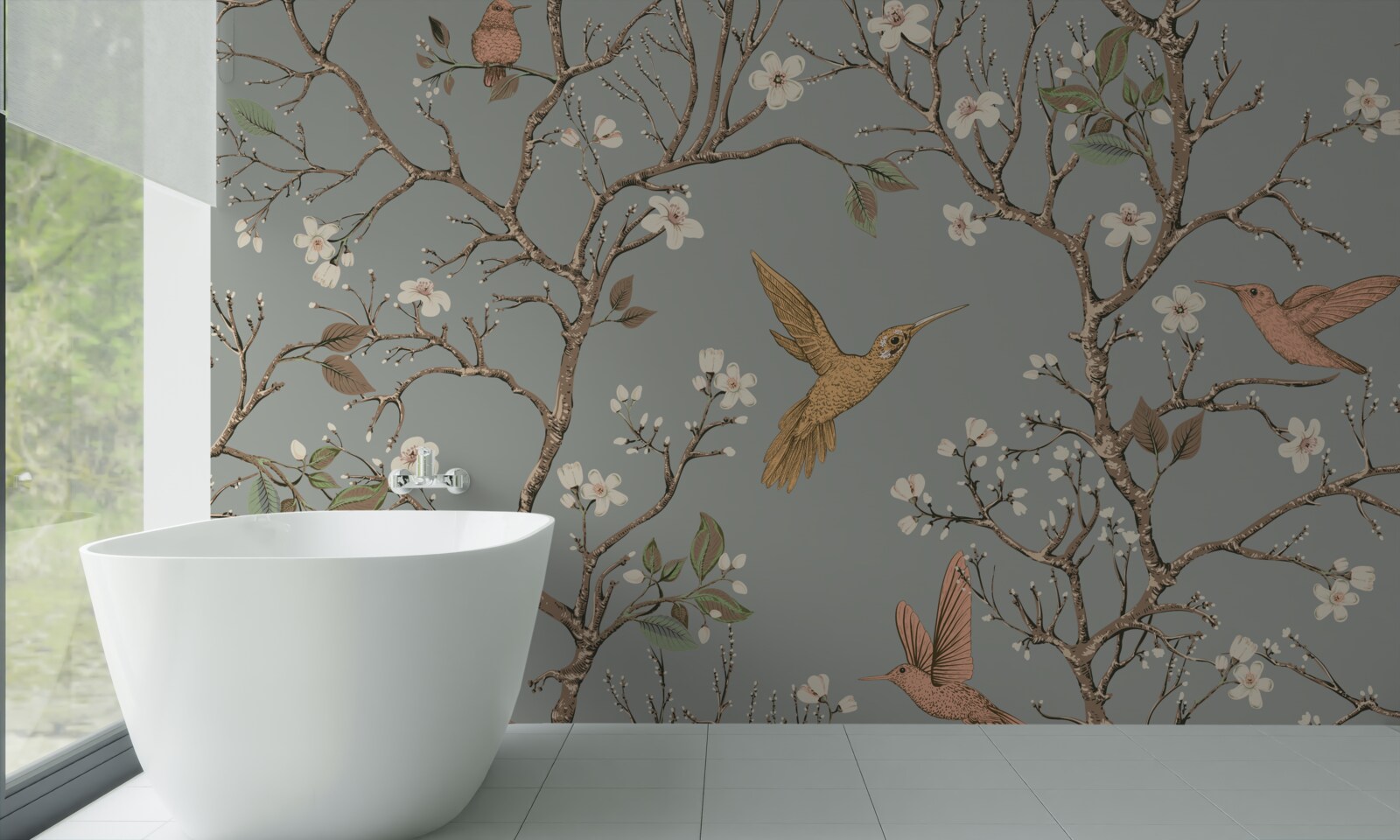 Fotobehang bloeiende boom en kolibrie