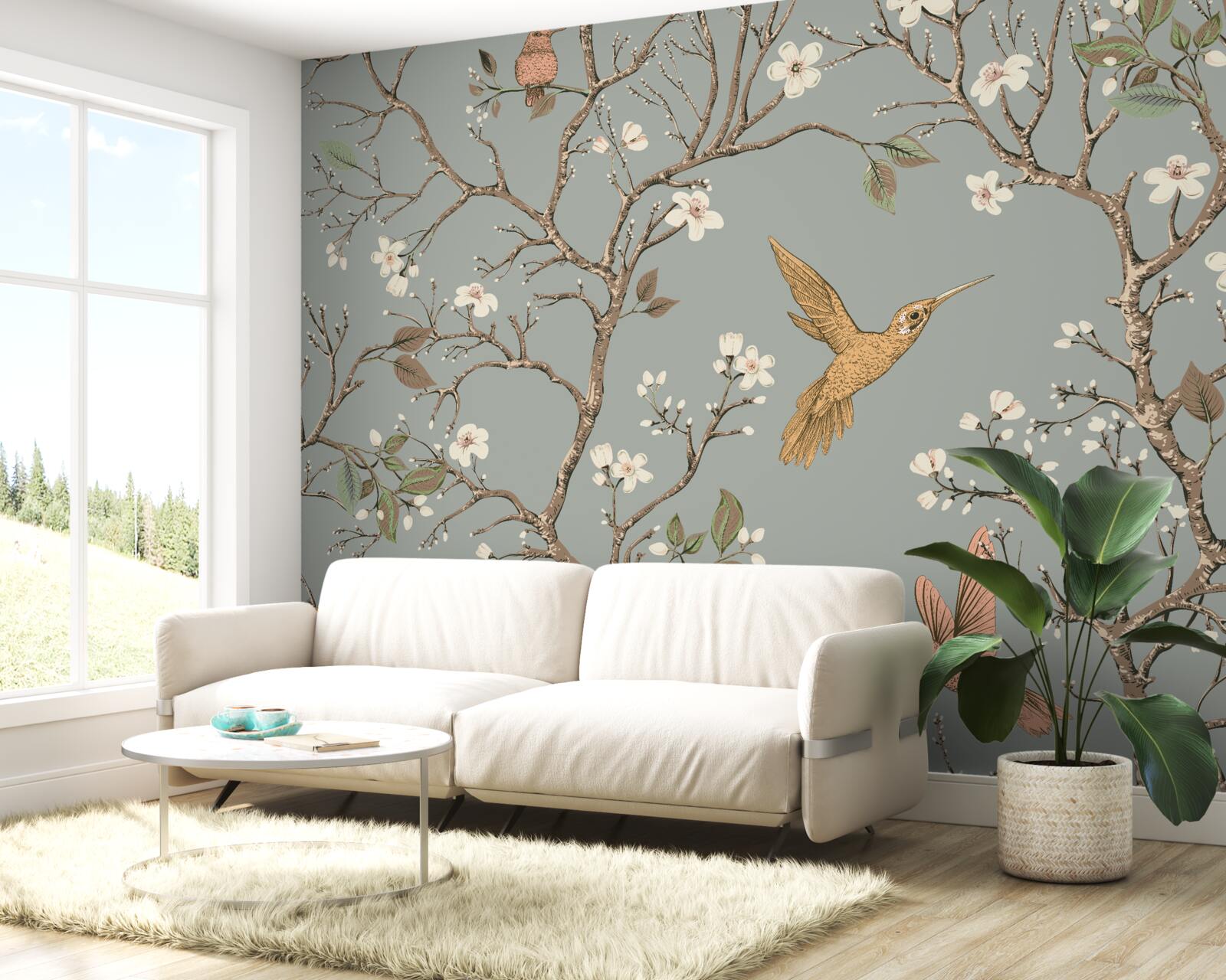 Fotobehang bloeiende boom en kolibrie