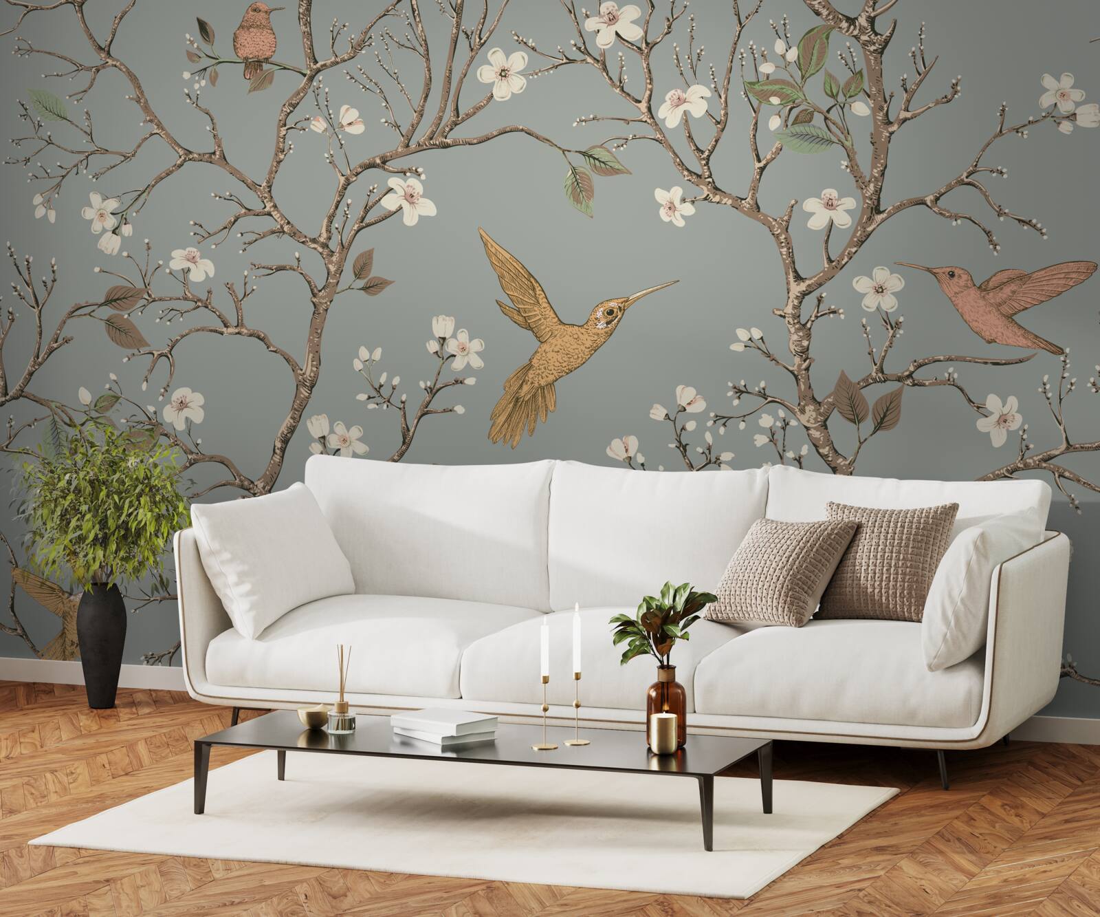 Fotobehang bloeiende boom en kolibrie