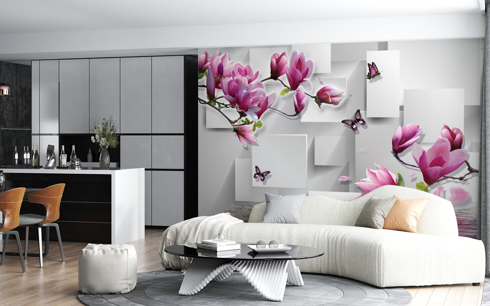 Fotobehang paarse magnolia's die over het water scheren