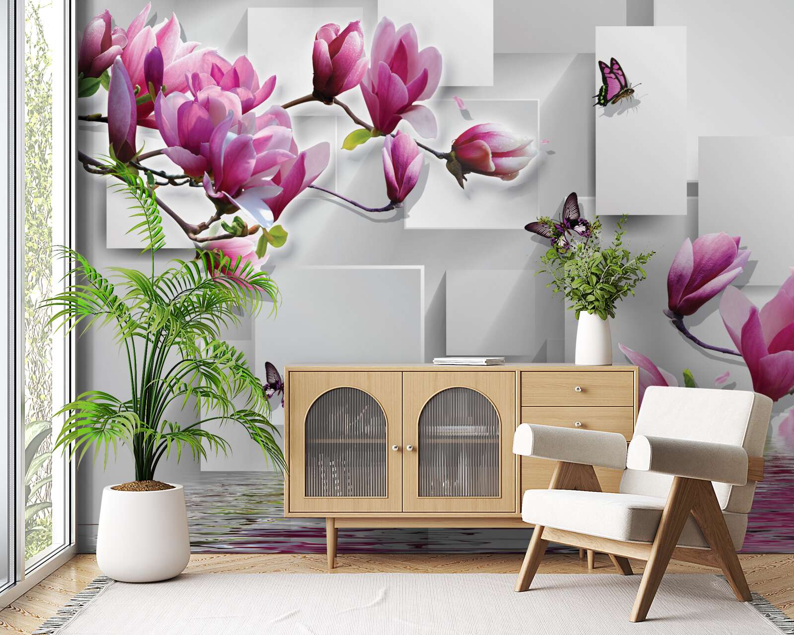 Fotobehang paarse magnolia's die over het water scheren