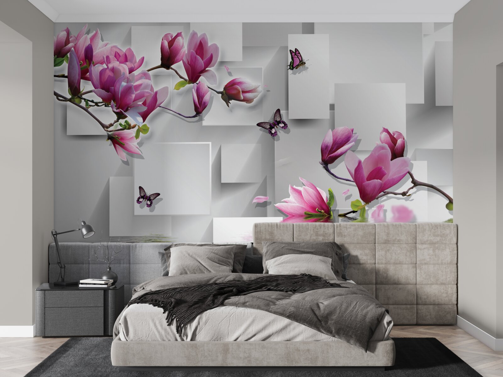 Fotobehang paarse magnolia's die over het water scheren