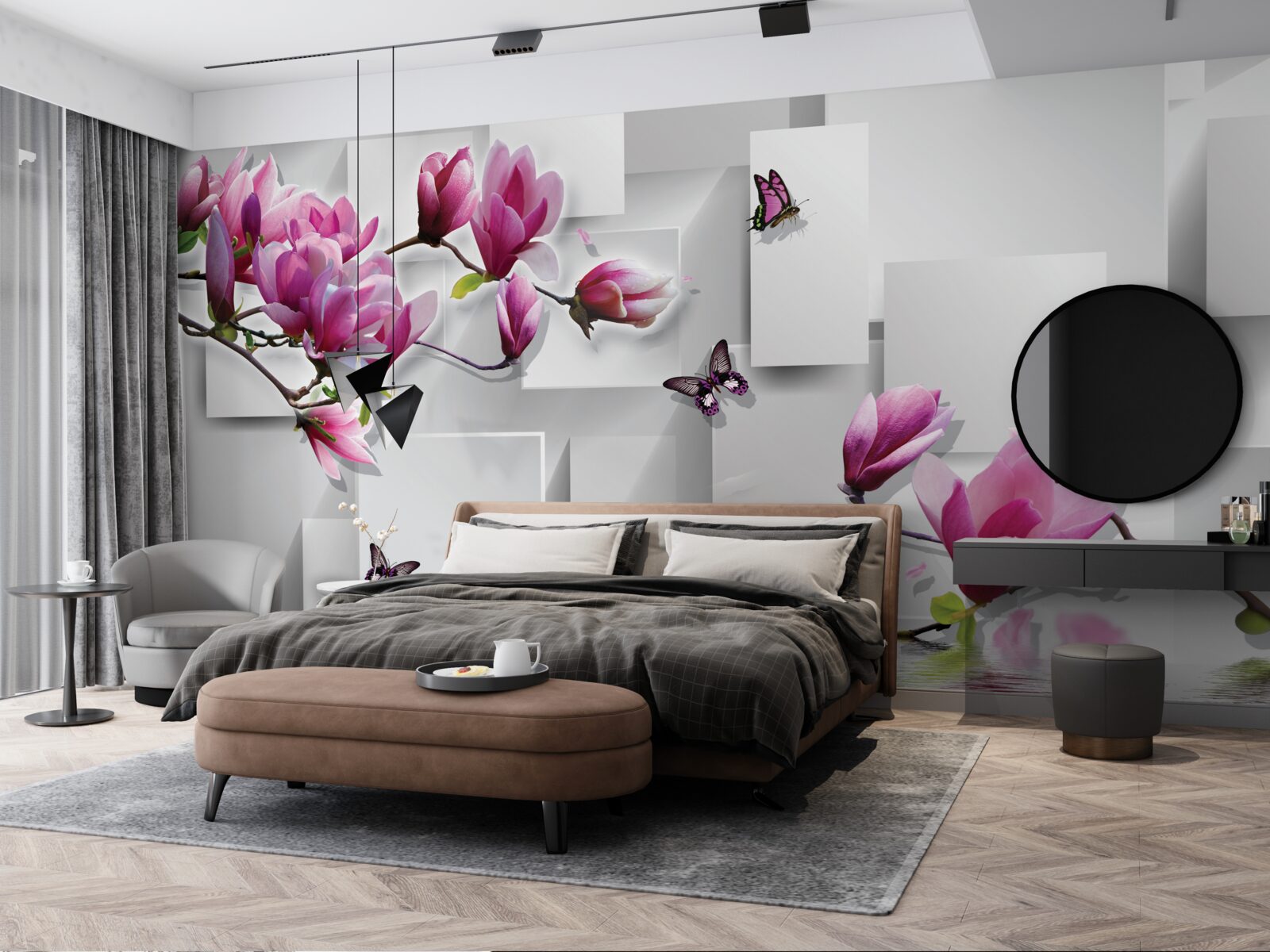 Fotobehang paarse magnolia's die over het water scheren