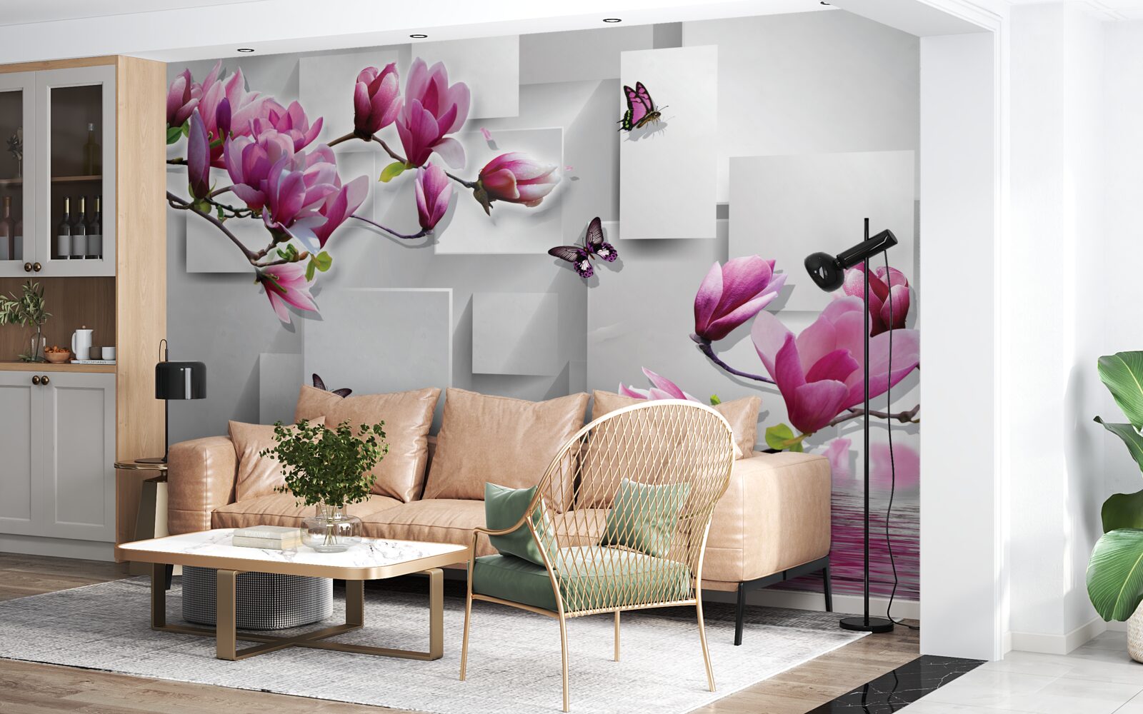 Fotobehang paarse magnolia's die over het water scheren