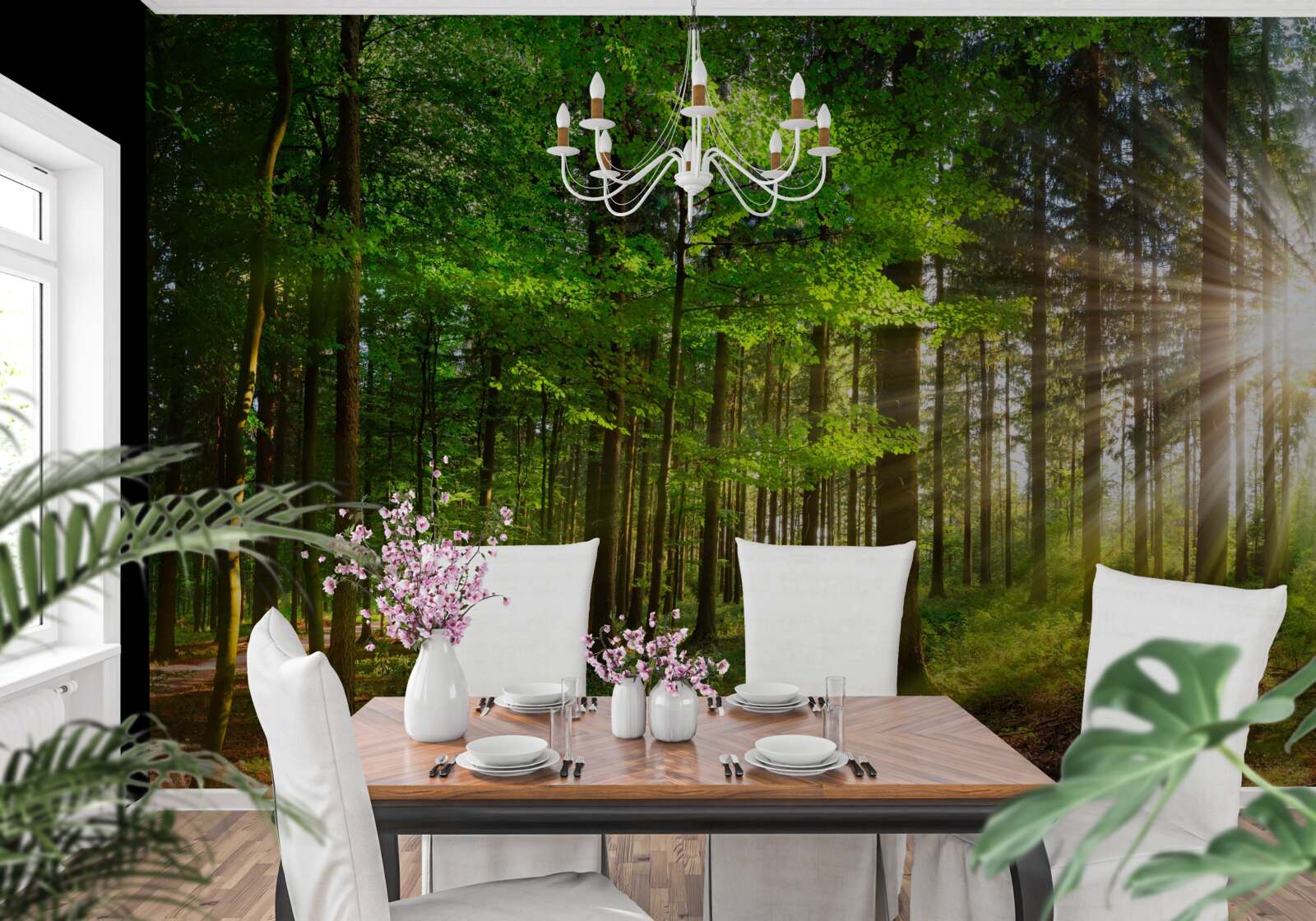 Fotobehang felle zon in een bos bedekt met groene bladeren