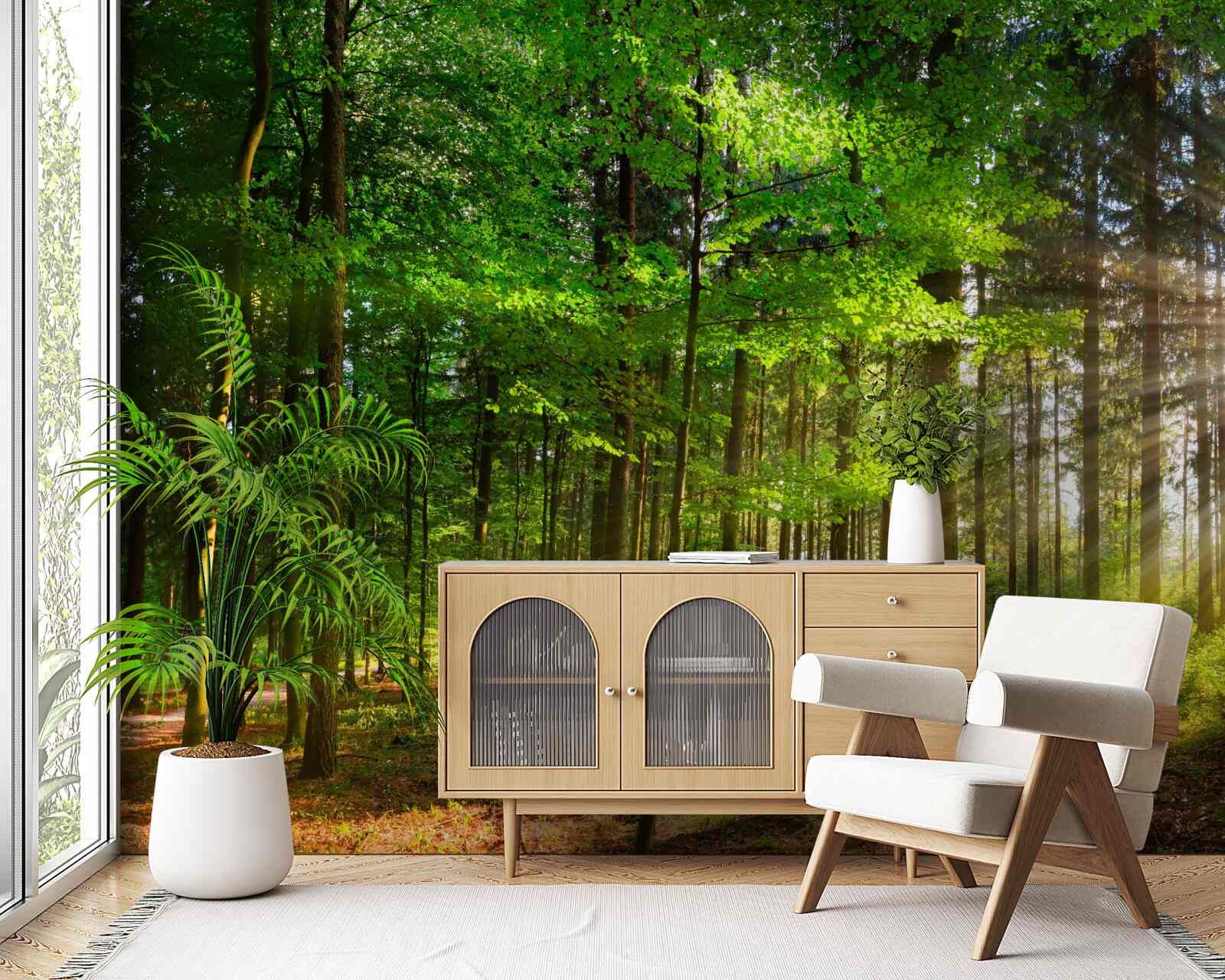 Fotobehang felle zon in een bos bedekt met groene bladeren