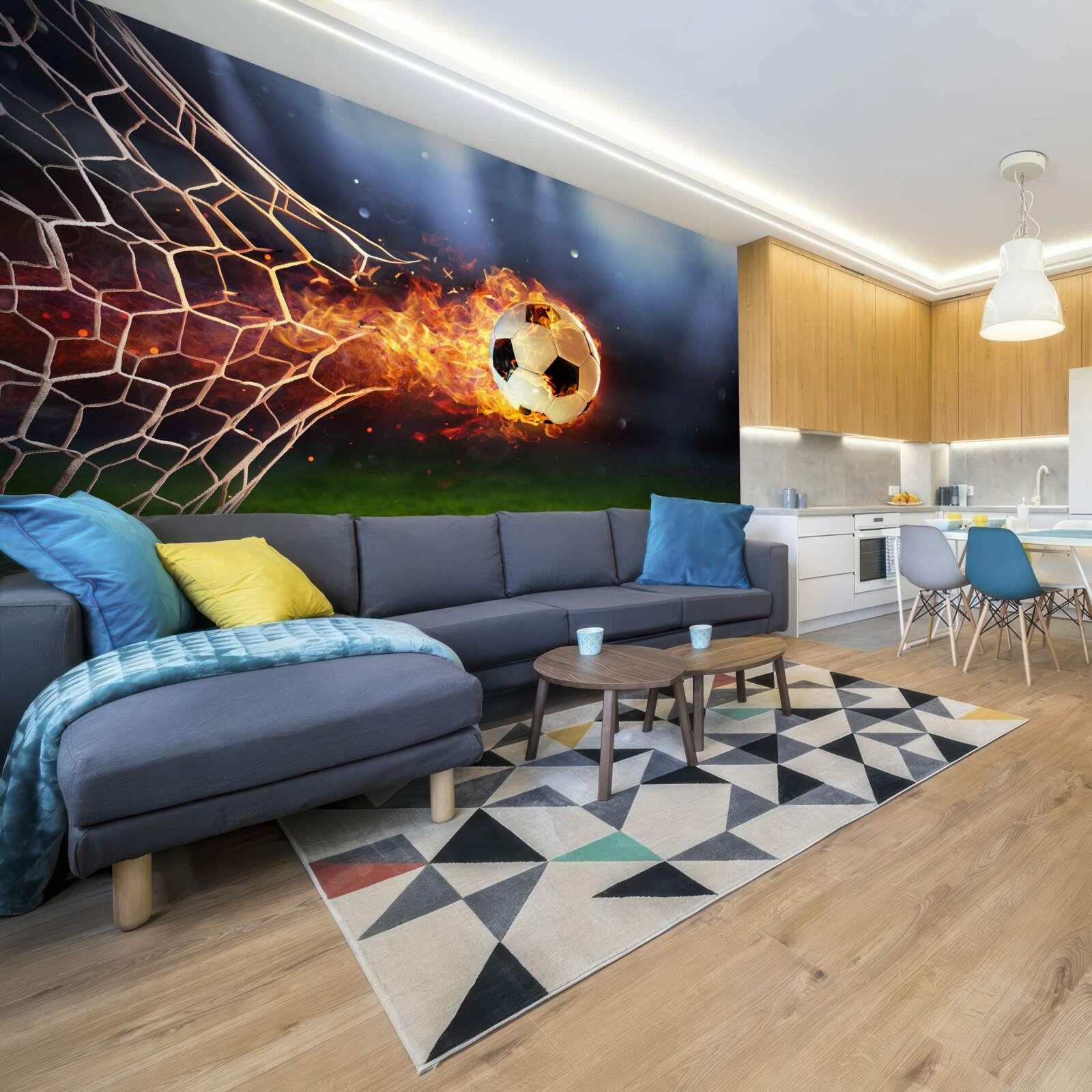 Fotobehang brandende bal explodeert in het doelnet