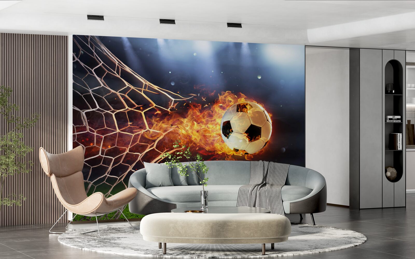 Fotobehang brandende bal explodeert in het doelnet