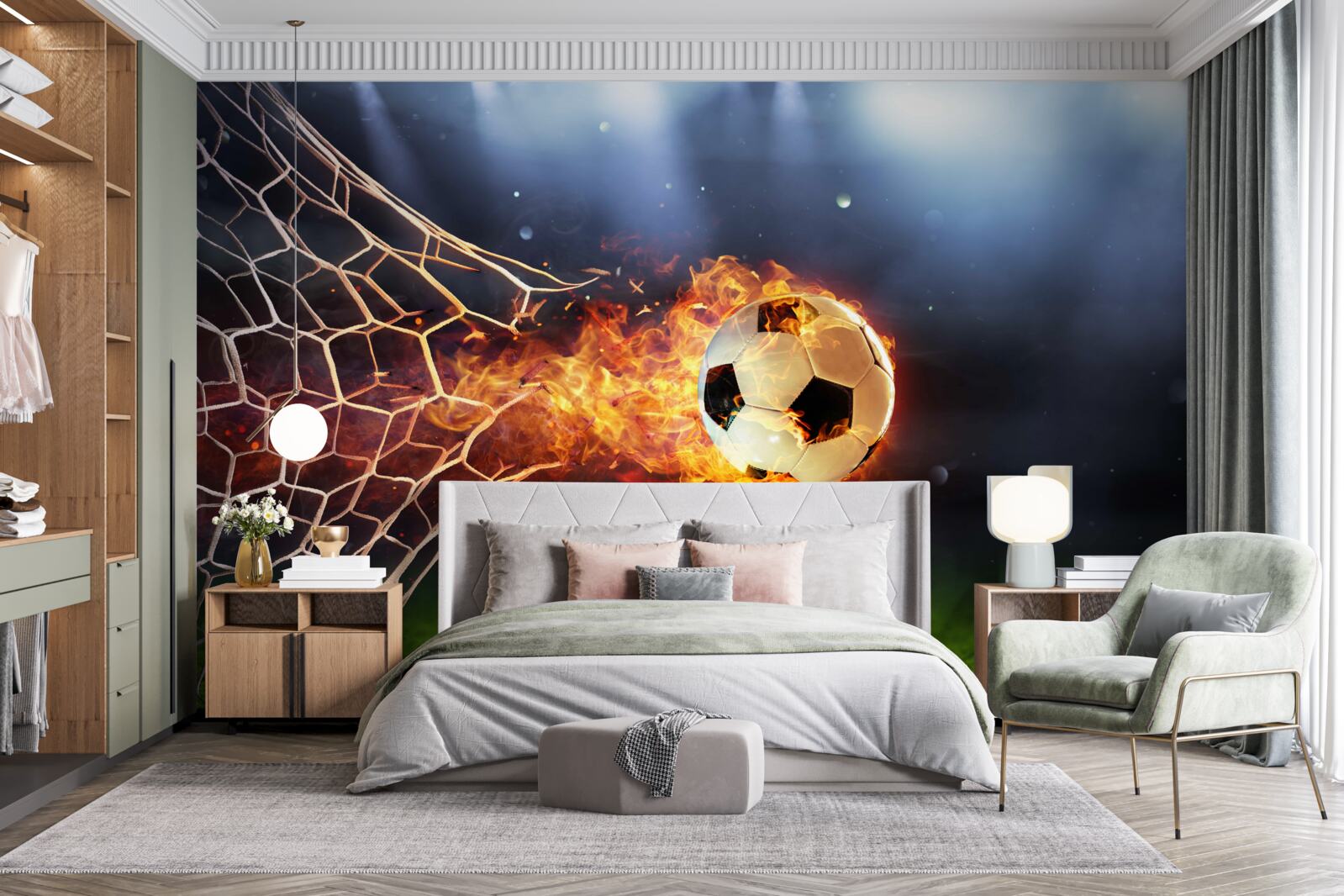 Fotobehang brandende bal explodeert in het doelnet