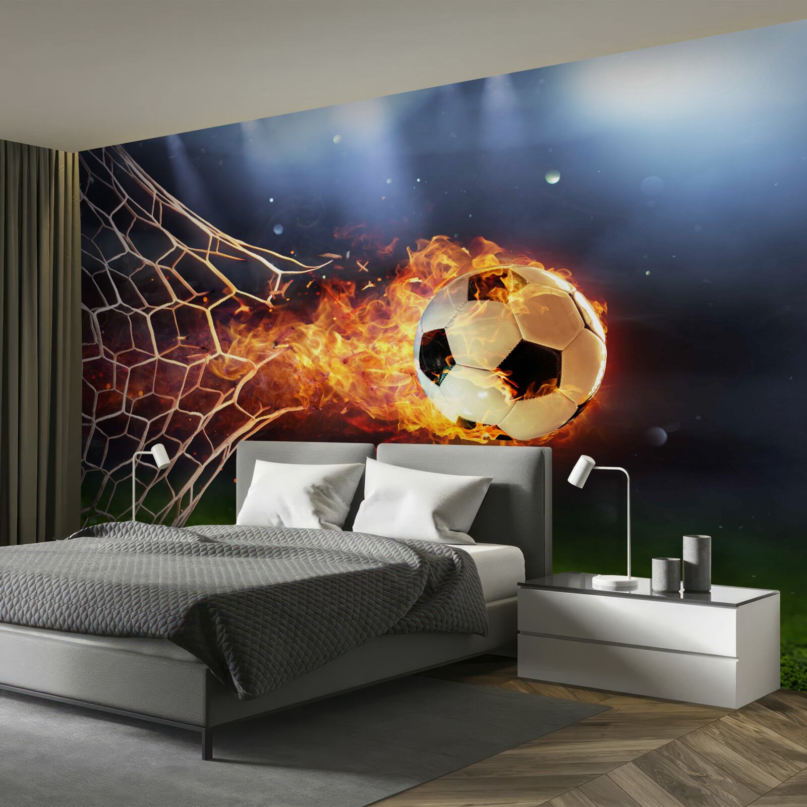 Fotobehang brandende bal explodeert in het doelnet