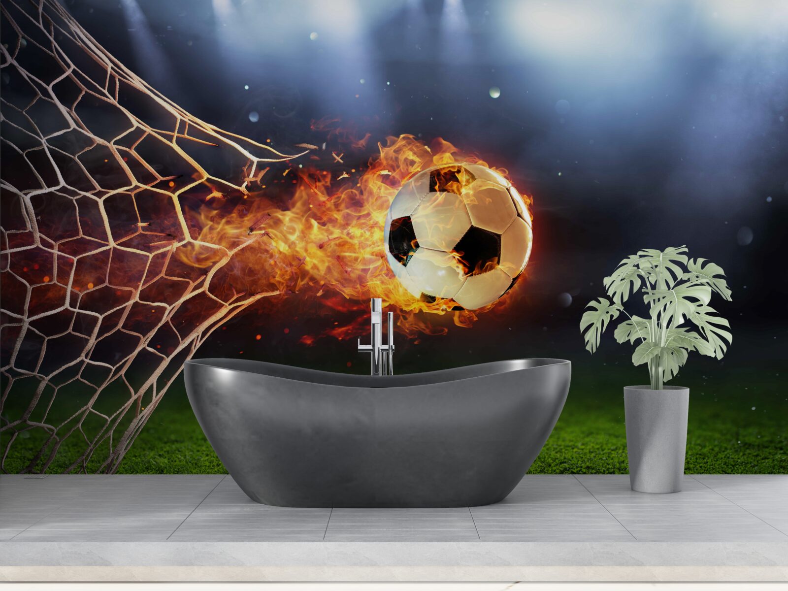 Fotobehang brandende bal explodeert in het doelnet