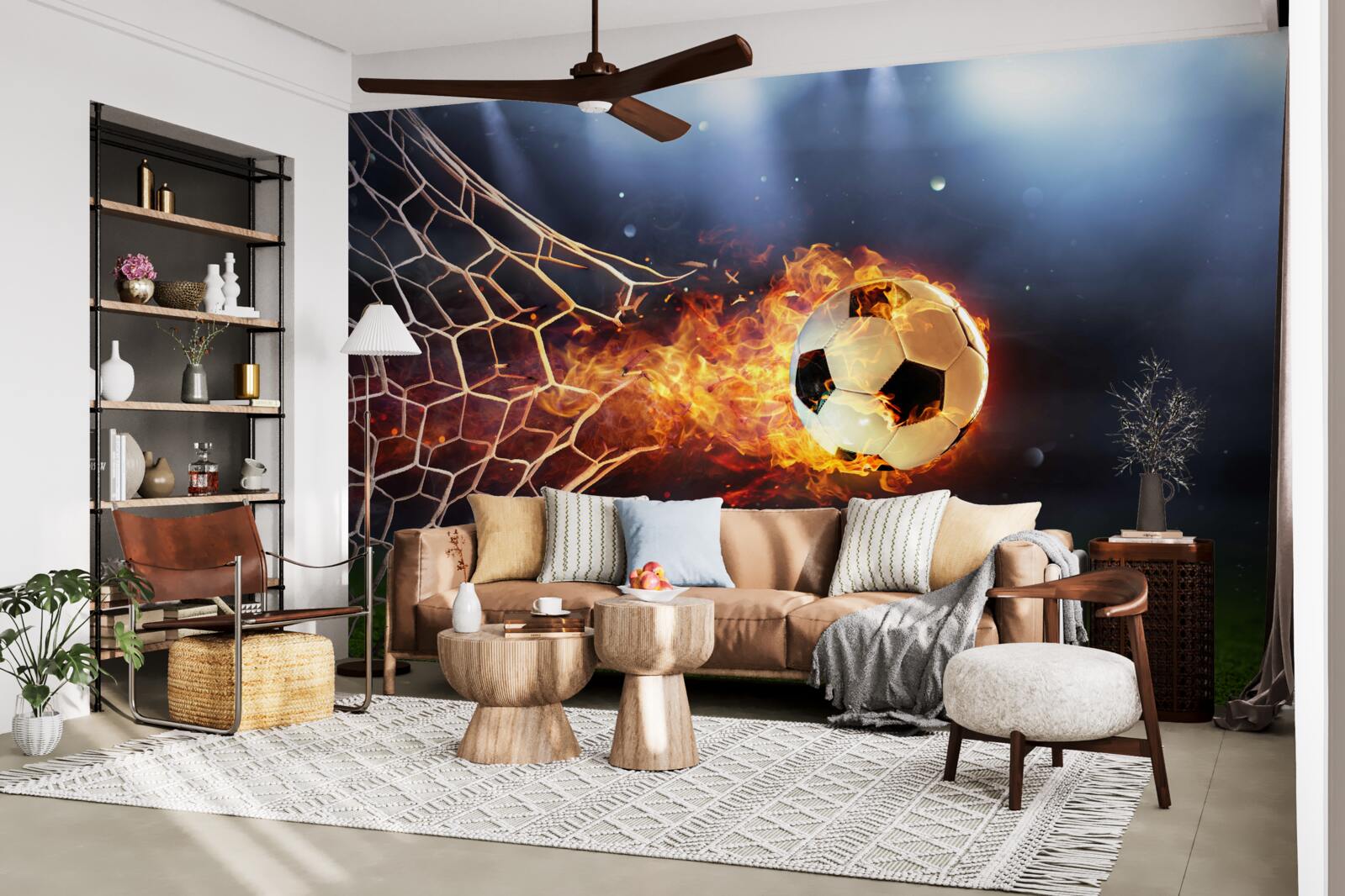 Fotobehang brandende bal explodeert in het doelnet