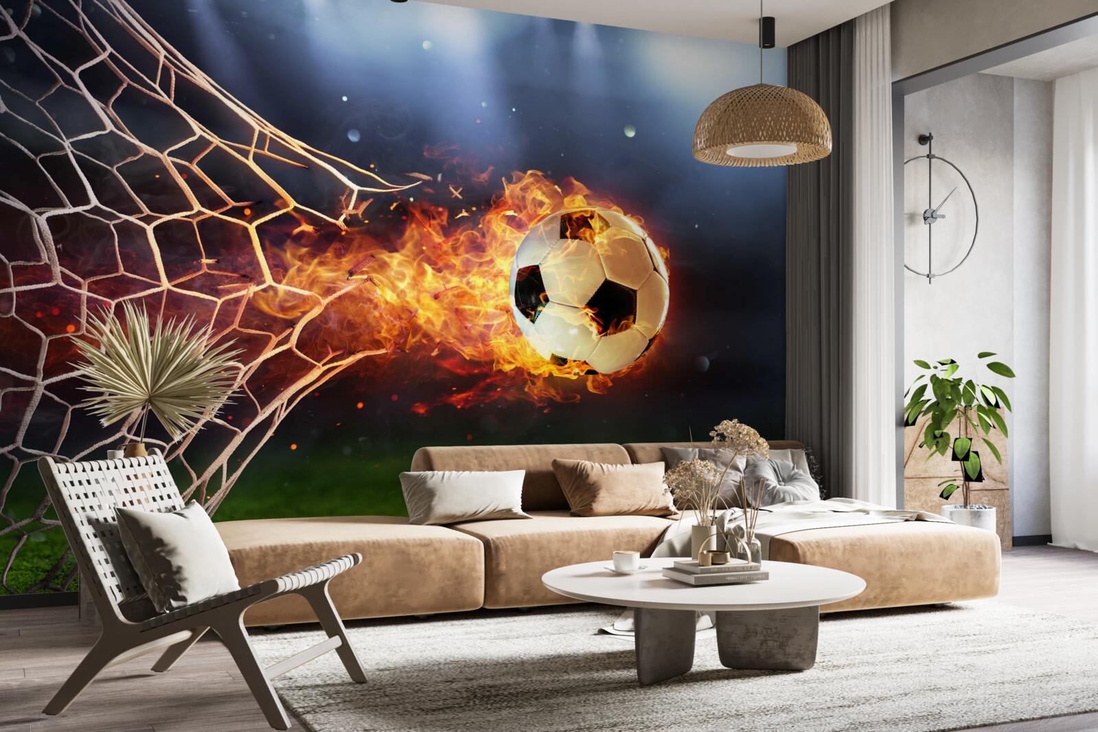 Fotobehang brandende bal explodeert in het doelnet