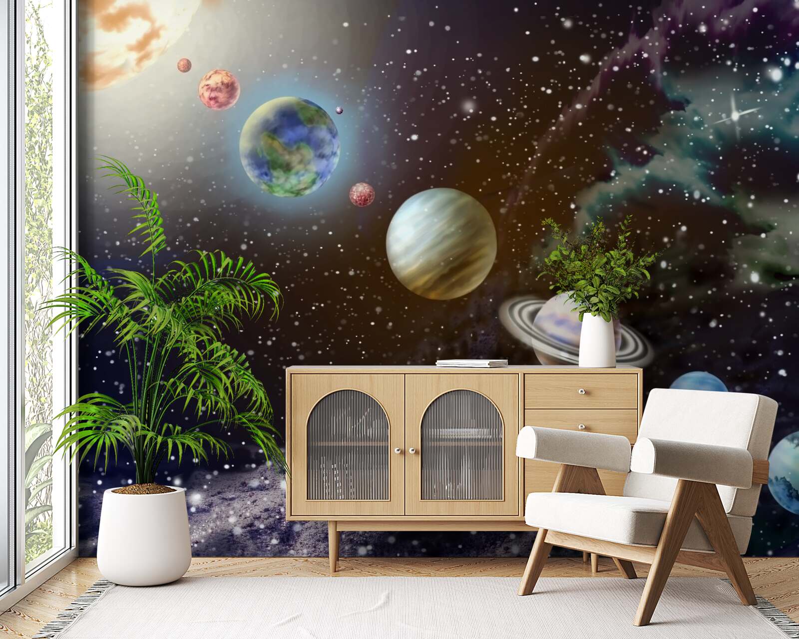 Fotobehang planeten in de ruimte staan op een rij