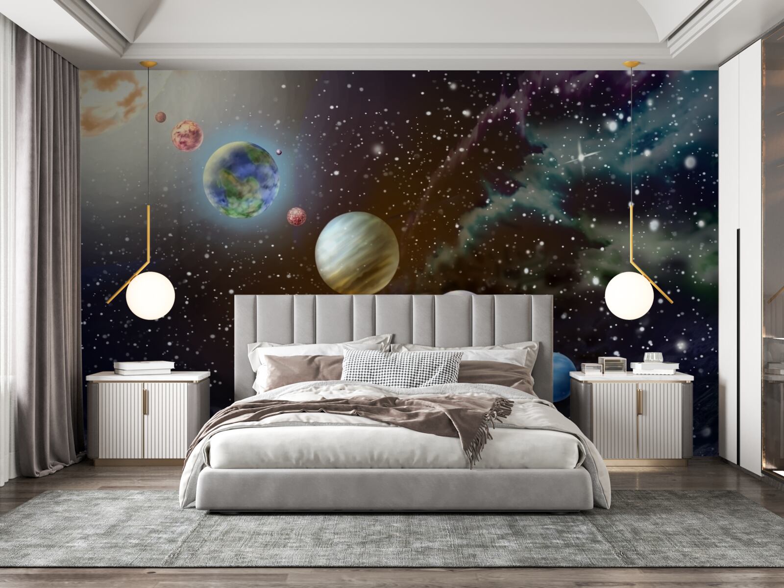 Fotobehang planeten in de ruimte staan op een rij