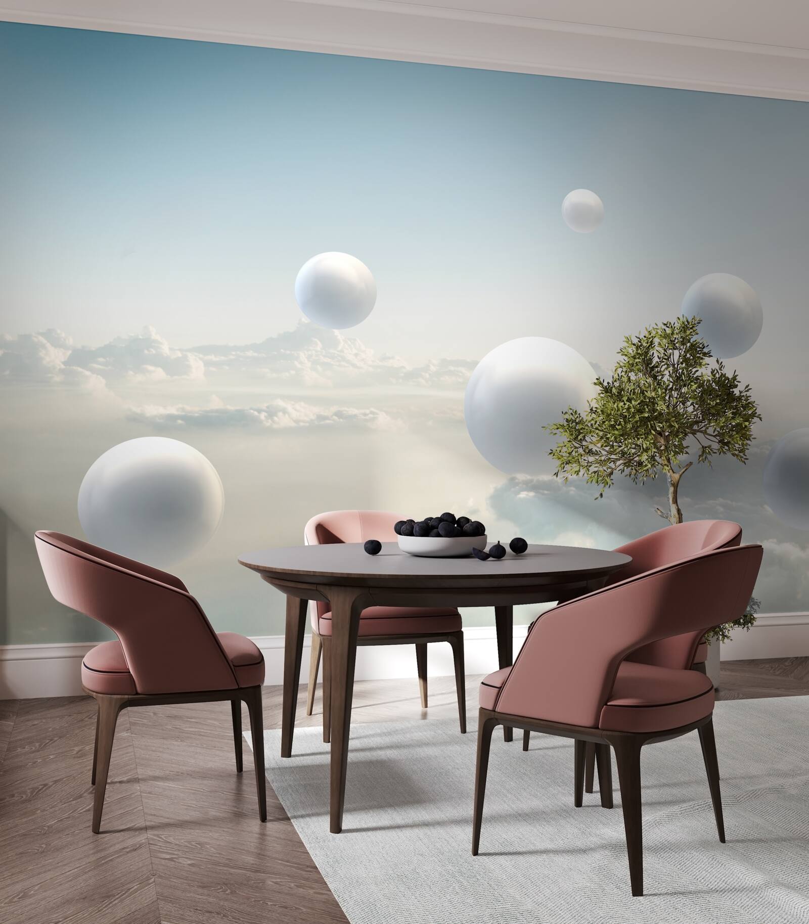 Fotobehang witte ballen die in de lucht zweven