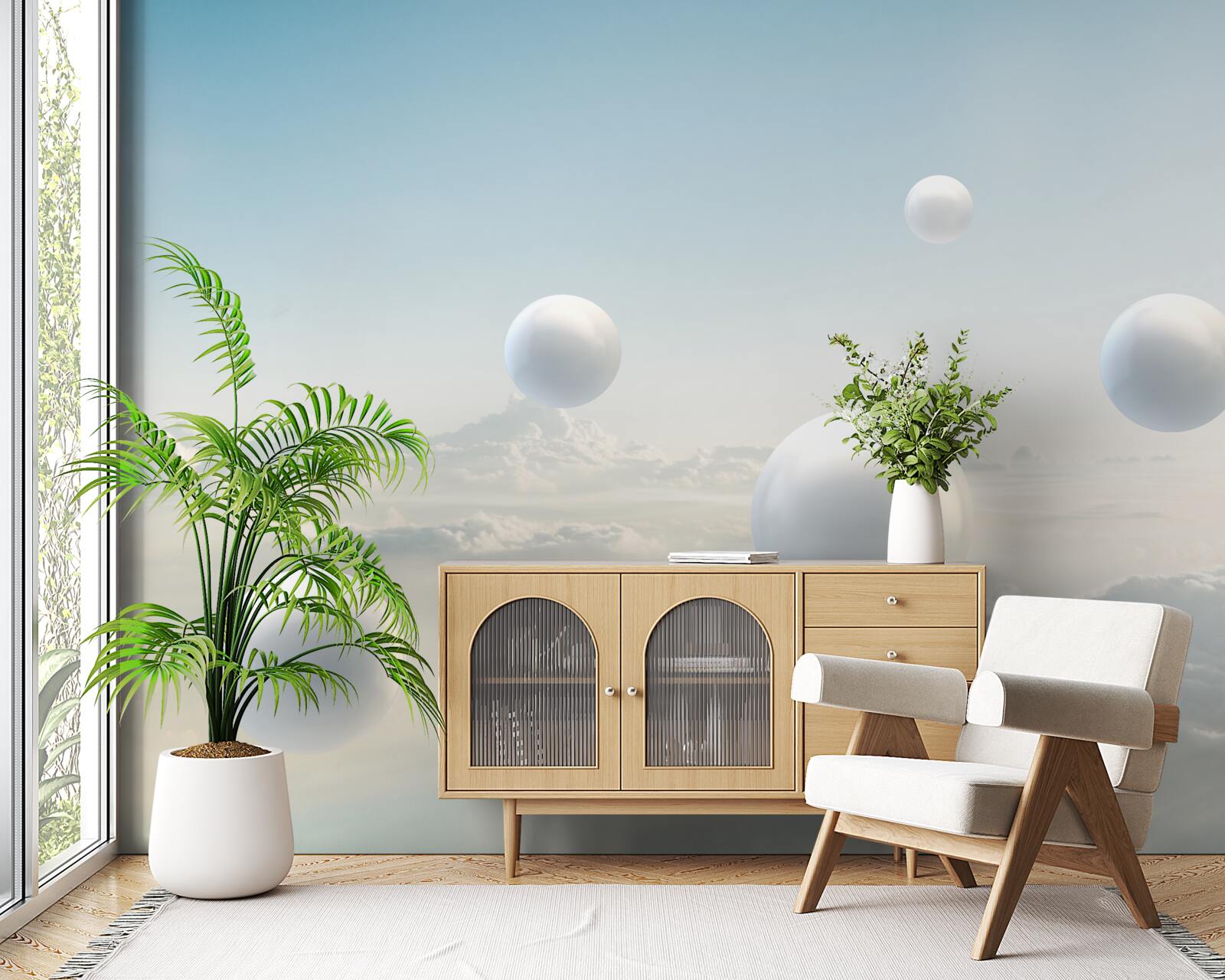 Fotobehang witte ballen die in de lucht zweven