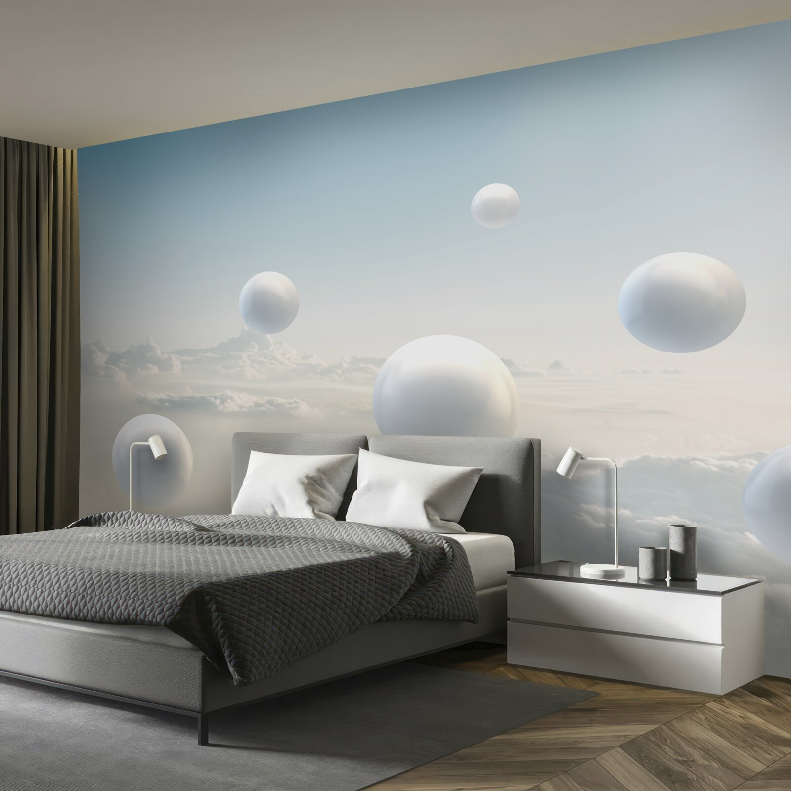 Fotobehang witte ballen die in de lucht zweven