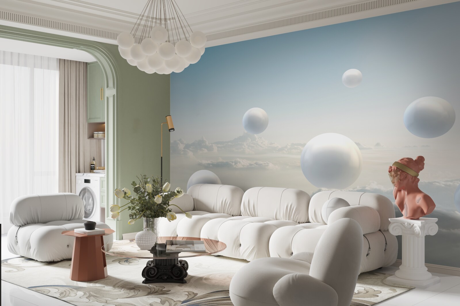 Fotobehang witte ballen die in de lucht zweven