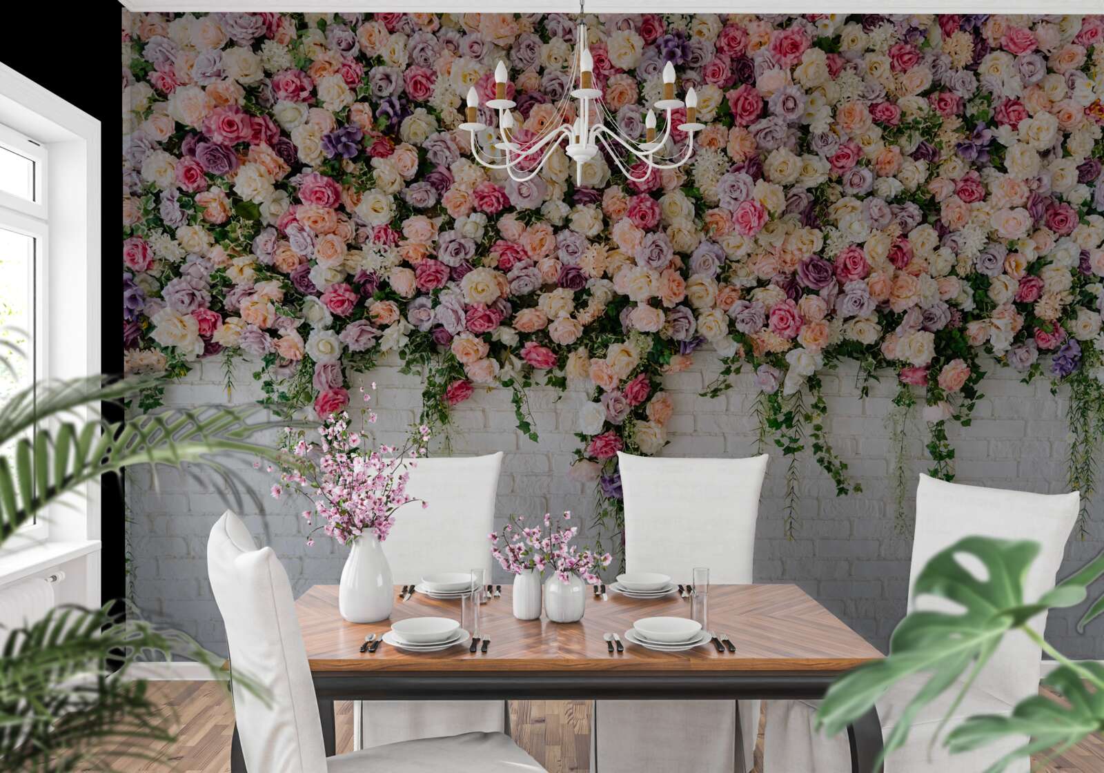 Fotobehang Bakstenen muur versierd met rozenstruikbloemen