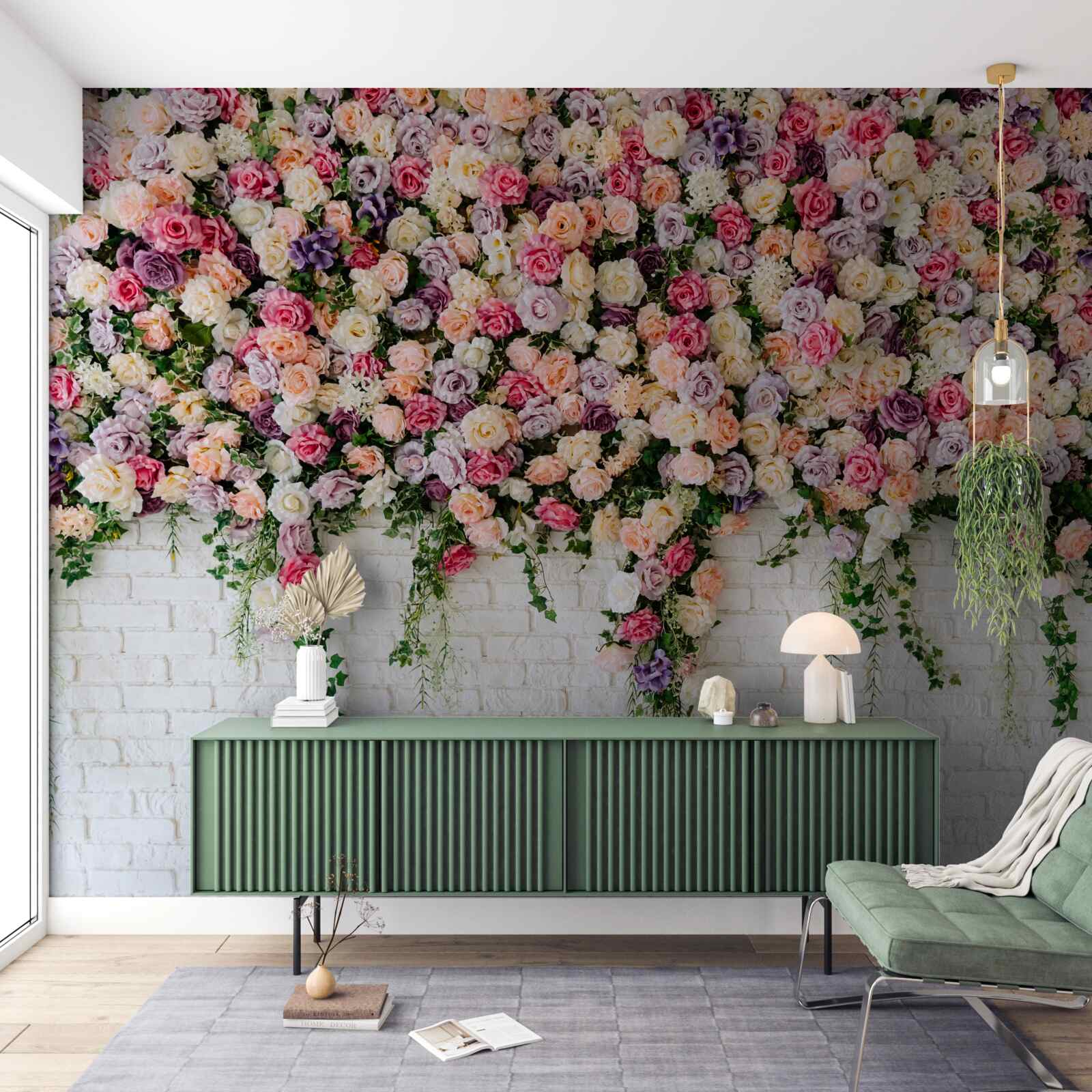 Fotobehang Bakstenen muur versierd met rozenstruikbloemen