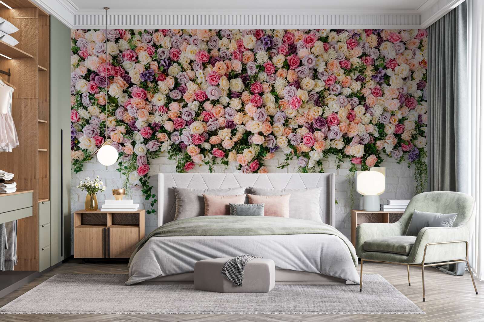 Fotobehang Bakstenen muur versierd met rozenstruikbloemen