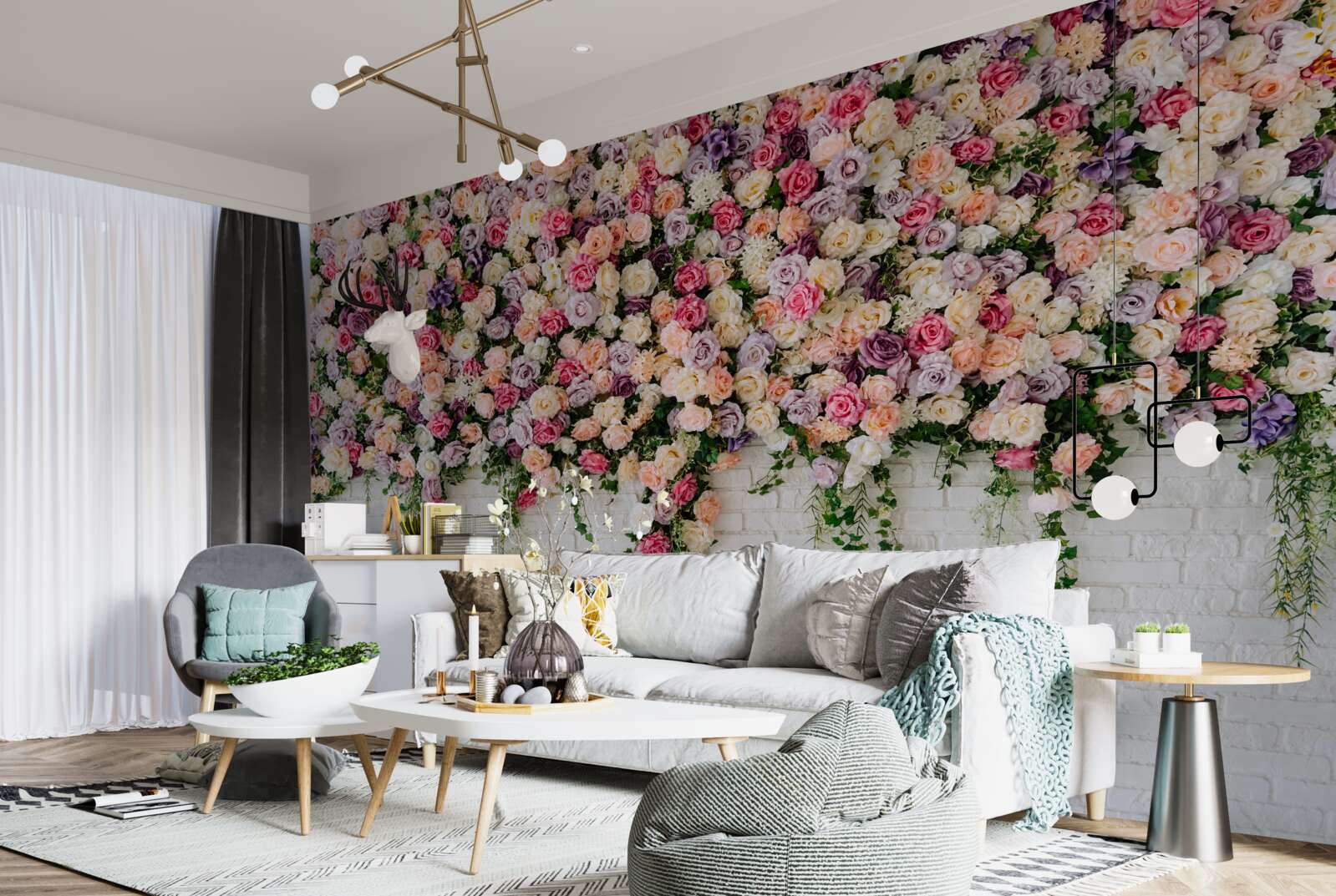 Fotobehang Bakstenen muur versierd met rozenstruikbloemen